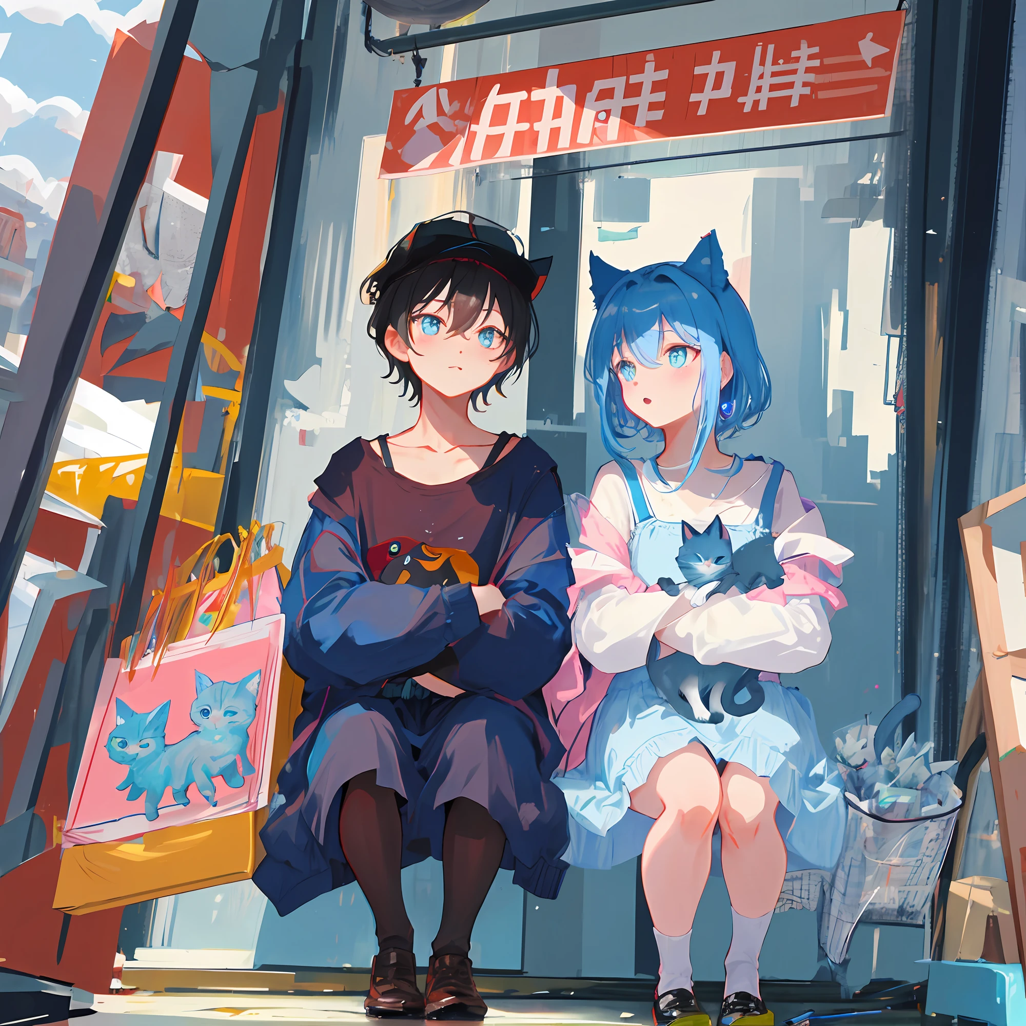 A small couple,An English short blue cat,together