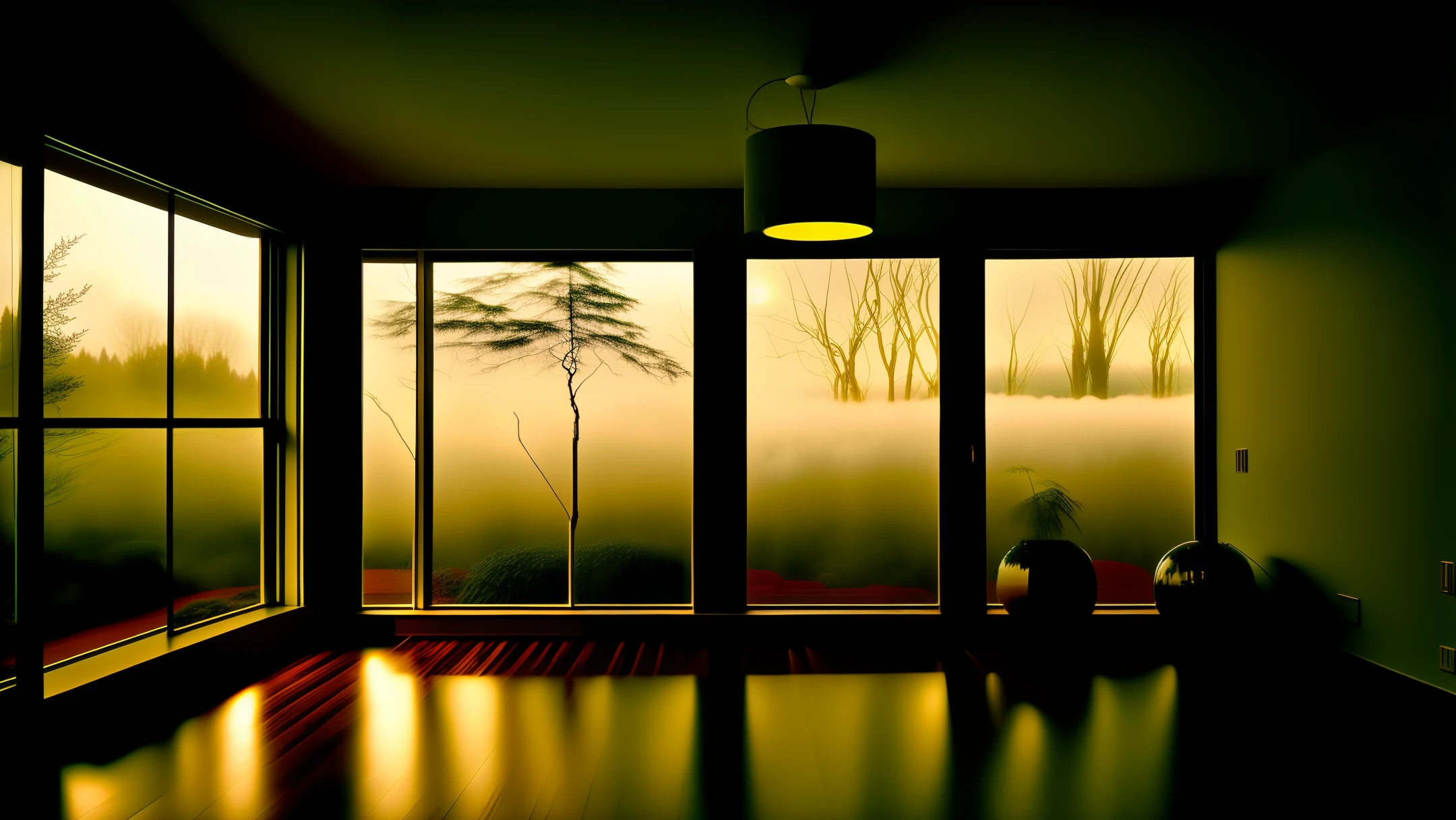 midcentury modern living room dimly lit with dark rainy evening outside, (foggy rainy evening:1.2), pacific northwest, (dim lighting:1.4), (moody lighting:1.2), plants, large plants, rainy, monstera, many plants, (foggy windows:1.2), masterpiece, best quality, twilight hour, (nighttime:1.4), rainy evening, after sunset,