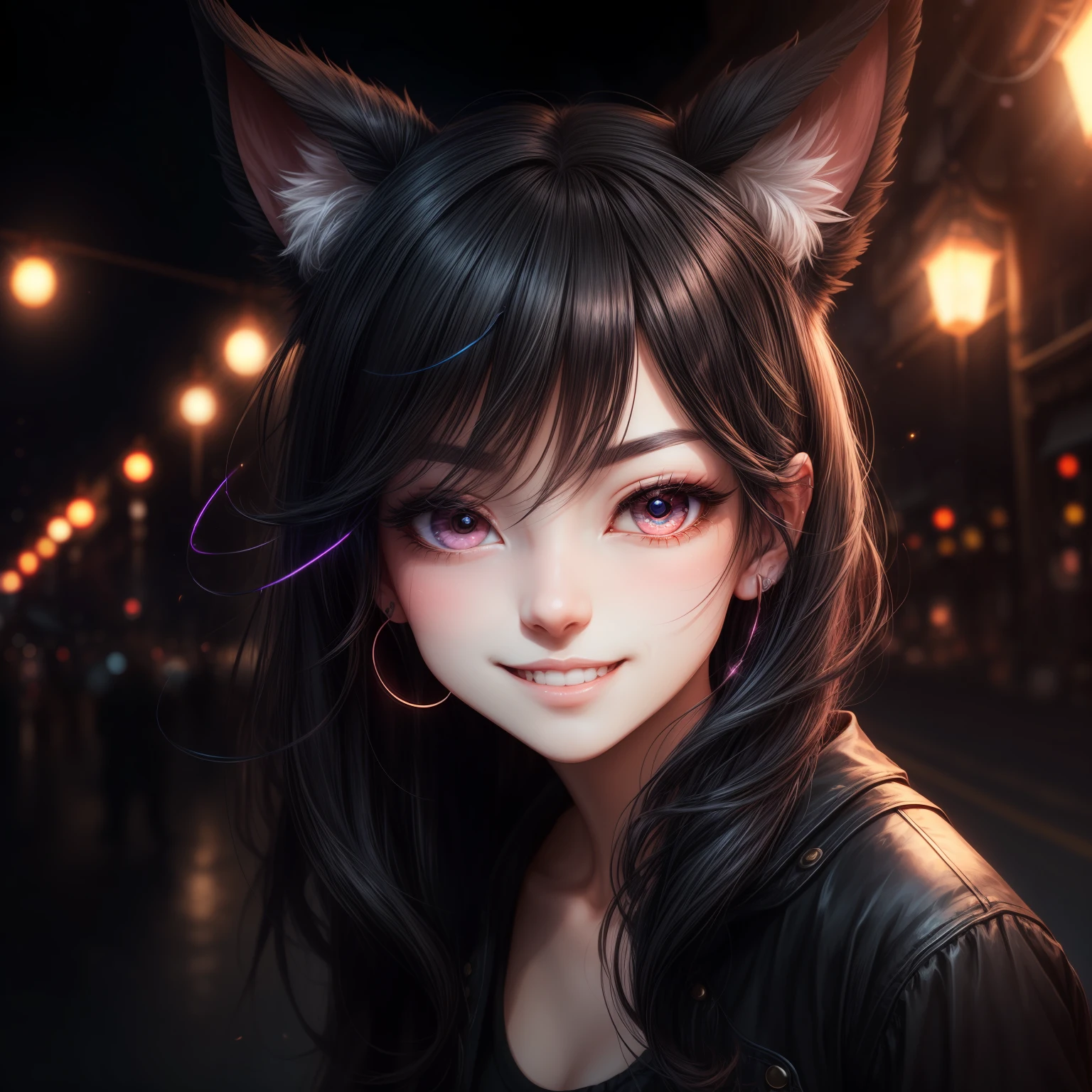 black hair, hair bobbles, wince, longeyelashes, solid circle eyes, fake animal ears, light smile, ear blush, fang, Surrealism, drop shadow, anaglyph, stereogram, tachi-e, pov, atmospheric perspective, 8k, super detail, ccurate, best quality --auto