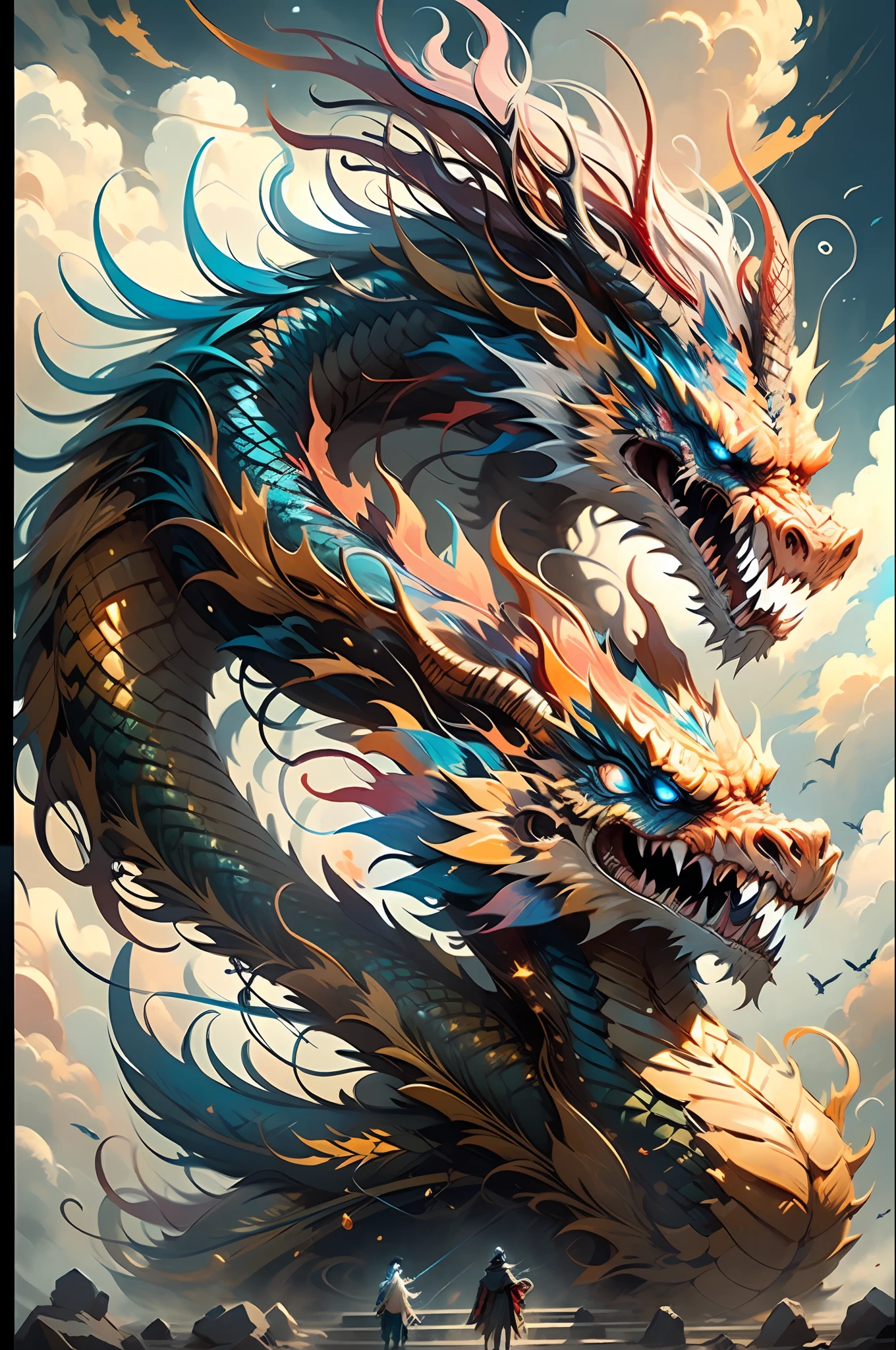 Best quality at best，tmasterpiece，超高分辨率，without humans，（The long：1.2），（finely：1.2），Long hair，dentes pontiagudos，eBlue eyes，teeth，der riese，1boys，The bird，exteriors，standing on your feet，Balance，​​clouds，banya，from back，armour，Skysky，with her mouth open，faceoff，Accumulating power，ogre，Size difference，White hair，buliding，vale，（textures true to reality：1.2），（Glowing multicolored scales：1.2），（realistic detail：1.2），（[frontage|Lateral face]：1.1），hdr，Ultra-detailed 3D modeling，Like Tim Burton、Dale Chihuli、Xiaolongcheng、Cyril Rolando and other authors such as Jr. Giger's style paintings are just as magical。Shadows and lighting are intertwined，Produces brilliant results。