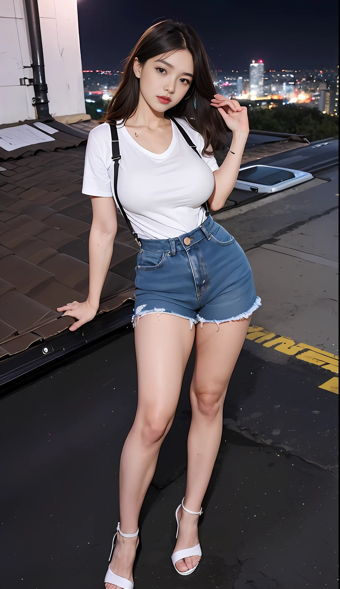 ((midynight, Need, 8k, tmasterpiece:1.3)), full bodyesbian, Long legs,Leaky toe sandals，Foot close-up focal length:1.2, perfect figure beautiful woman:1.4, Slim abs:1.1, ((Dark brown hair, huge tit:1.2 )), (white tight t-shirt, Denim suspenders, standing on your feet:1.2), ((city night scene, the roof:1.3)), Highly detailed facial and skin texture, A detailed eye, 二重まぶた --auto