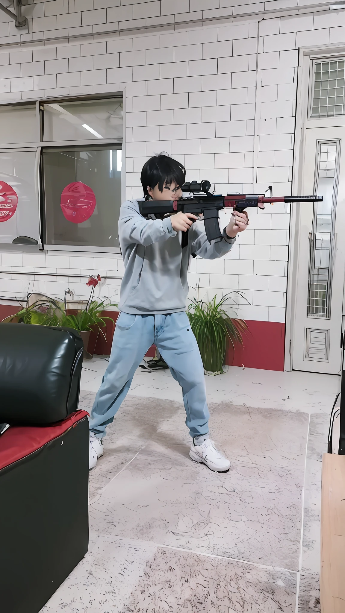@(sifu) A man with a rifle galloped through the room，Carry a pistol and MP7，Realistic shooting scene with firearms，First-person realistic perspective，Fortnite gameplay style，Shooting setup with combat action scenes,Create a shabby feel。 --auto
