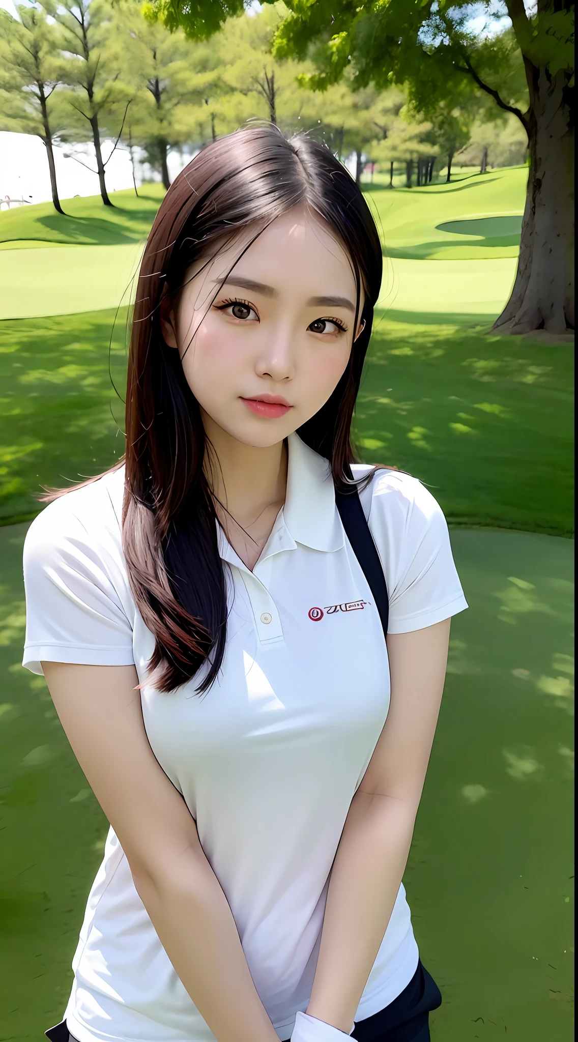 (yinchuan:1.5),, masterpiece, top-quality, Raw foto, Photorealsitic, large full breasts、beautiful and flawless face, Soft smile、20 years girl、Colossal tits、Women's Golf、Super Shot、Golf Wear、greenr、putter、Pat depth of field, hight resolution, ultra-detailliert, finely detail, ighly detailed, extremely detailed eye and face, Sharp pupils,