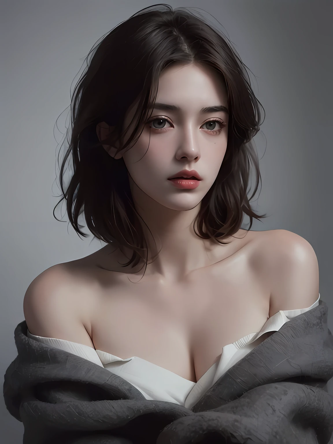 Best quality, masterpiece, ultra high res, (photorealistic:1.5), raw photo, 1girl, offshoulder, in the dark, deep shadow, low key, cold light, sexy look, short hair
