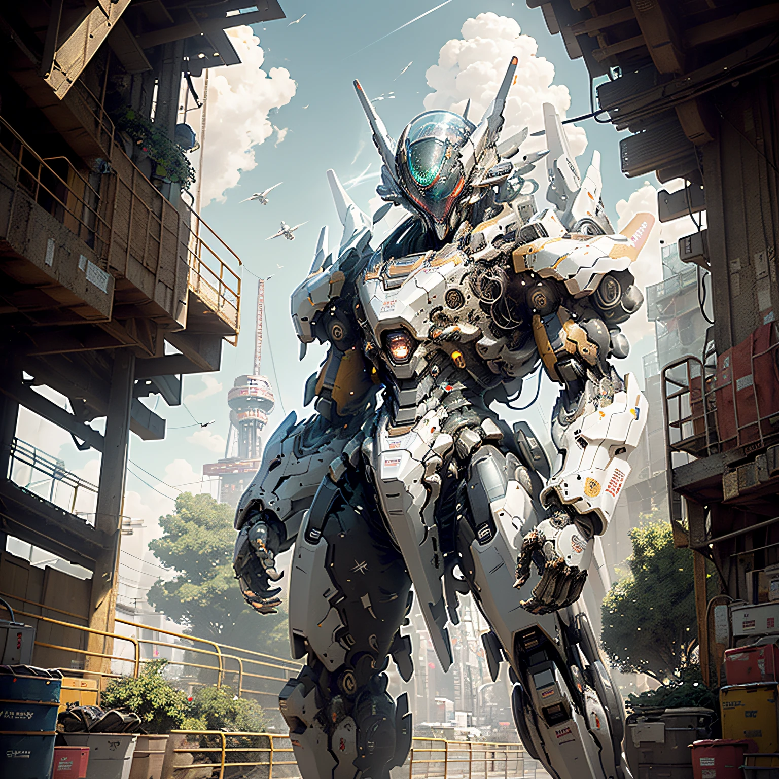 A large robot 81 meters tall,There was a huge fan in his chest,Gun in hand,Held high to the sky。His whole body was covered with hydraulic pipes。Especially in the place of the joints。Cockpit of the head。Two people were driving。Walk through the sea。There is also a small boat next to it。There was a man standing on a small boat looking down at the robot。The length is about 5m。 --auto