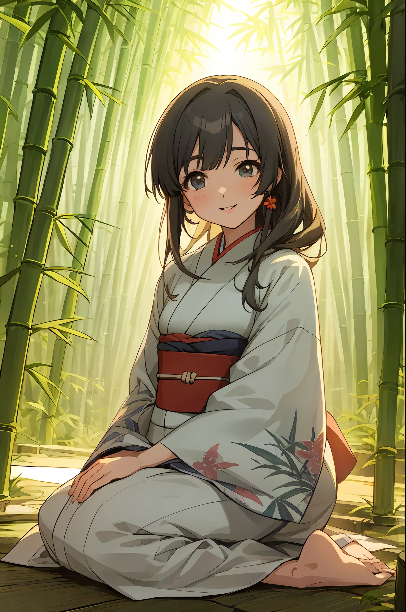 flower  field、an anime girl, Seiza、a smile、lipsticks、blush、Beautiful anime girl, Beautiful Anime Portrait, Anime visuals of cute girls, in a kimono, Smooth Anime CG Art, , in bamboo forest