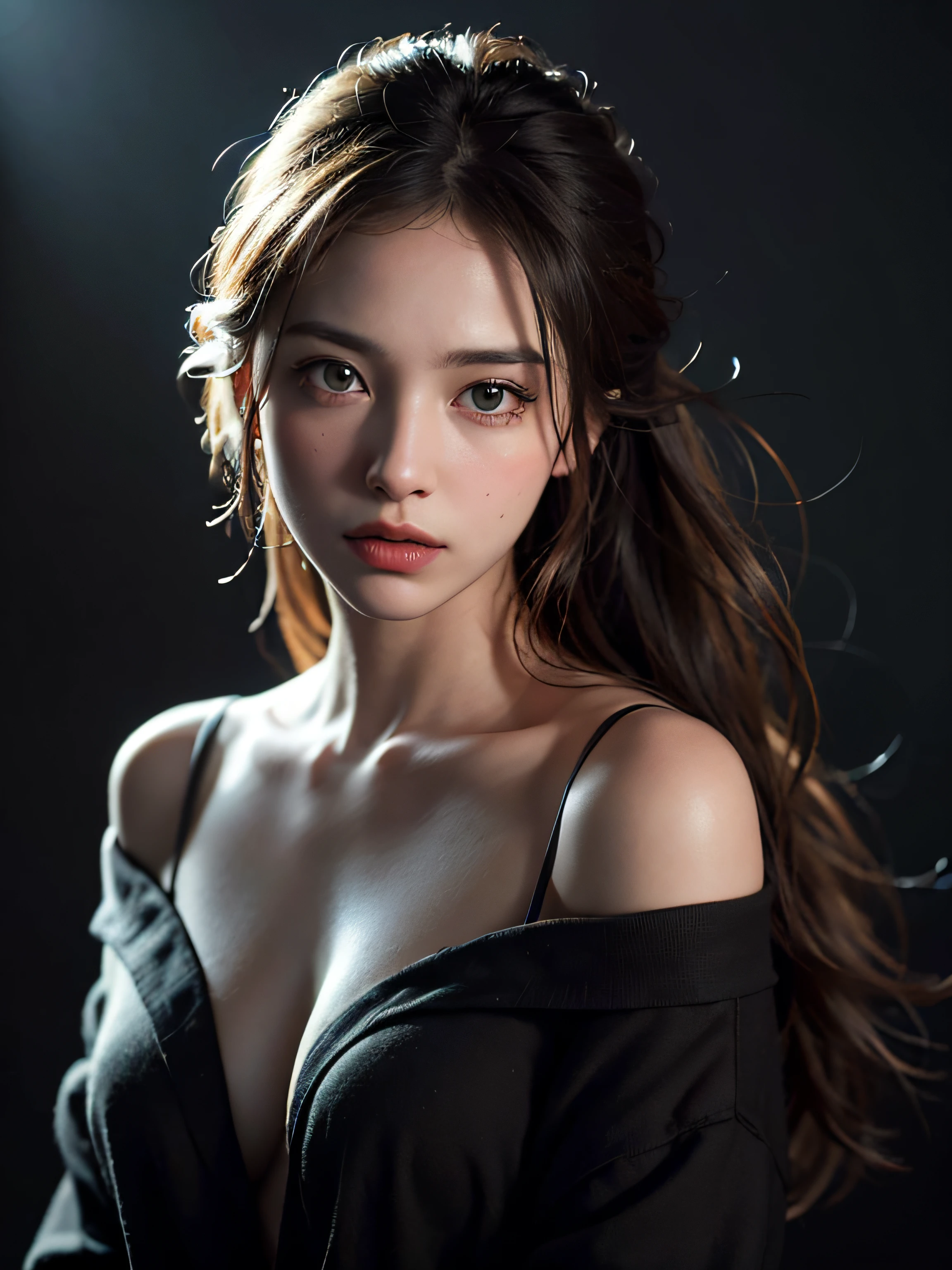Best quality, masterpiece, ultra high res, (photorealistic:1.4), raw photo, 1girl, offshoulder, in the dark, deep shadow, low key, cold light