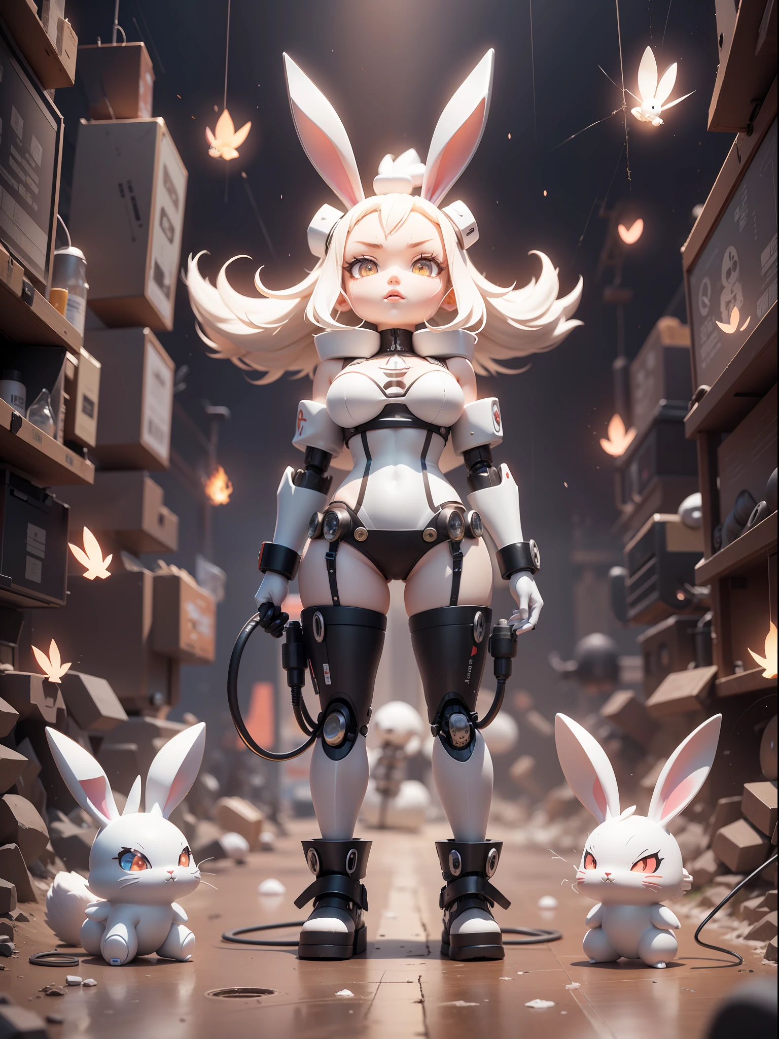 (Machinary,edgBunny:1.331),(Mechanical rabbit tail),cute-style,Little big breasts柄,big headed,Lava ejector,3Drenderingof,((Q version)),Pokémon style,Machine style,Cinematic texture,Figures,Pokémon,电影灯光,Heavy robotic arm,Mechanical belly,mechanical leg,Mechanical feet,mechanical sense,Hold your car charging cable,The background surrounds lightning,salama,cruel,Clean white background,Ray traching,Premium color,Full body 3D model,action,Stylish blind box toy。(fill body:1.2),chibi
