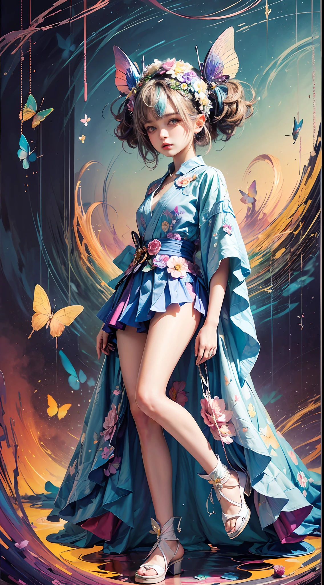 (masterpiece:1.1), (highest quality:1.1), (HDR:1.0), ambient light, ultra-high quality,( ultra detailed original illustration), (1girl, full body), ((harajuku fashion)), ((flowers with human eyes, flower eyes)), double exposure, fusion of fluid abstract art, glitch, (original illustration composition), (fusion of limited color, maximalism artstyle, geometric artstyle, butterflies, junk art)