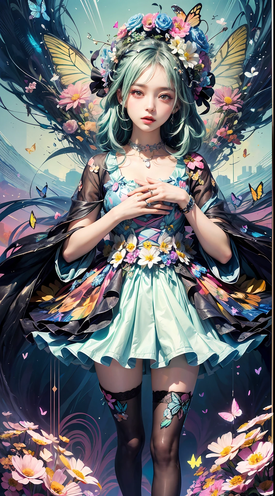 (masterpiece:1.1), (highest quality:1.1), (HDR:1.0), ambient light, ultra-high quality,( ultra detailed original illustration), (1girl, full body), ((harajuku fashion)), ((flowers with human eyes, flower eyes)), double exposure, fusion of fluid abstract art, glitch, (original illustration composition), (fusion of limited color, maximalism artstyle, geometric artstyle, butterflies, junk art)