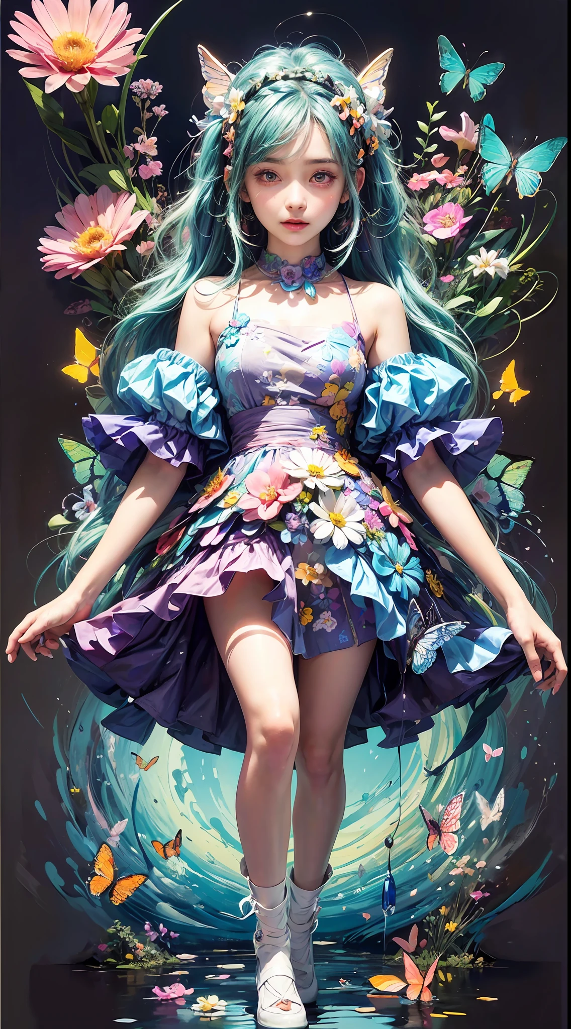 (masterpiece:1.1), (highest quality:1.1), (HDR:1.0), ambient light, ultra-high quality,( ultra detailed original illustration), (1girl, full body), ((harajuku fashion)), ((flowers with human eyes, flower eyes)), double exposure, fusion of fluid abstract art, glitch, (original illustration composition), (fusion of limited color, maximalism artstyle, geometric artstyle, butterflies, junk art)