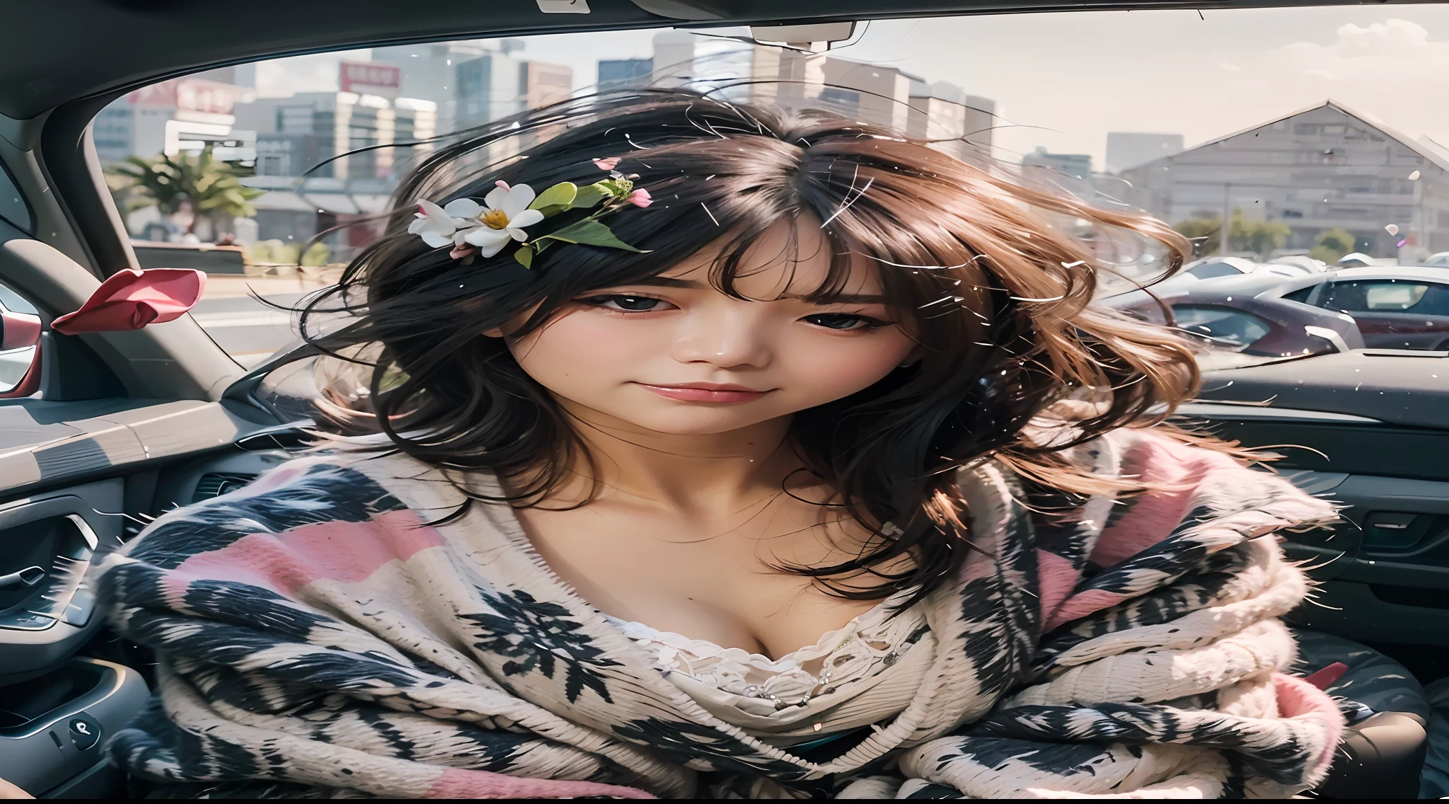 Close-up of a woman sitting in a car,A flower stuck in his hair, beautiful Korean women, Beautiful young Korean woman, Gorgeous young Korean woman, Korean girl, ulzzangs, Beautiful Asian girl, Messy shoulder-length black hair, a cute young woman, white hime cut hairstyle, tidy hair,By bangs, popular korean makeup, cute young woman