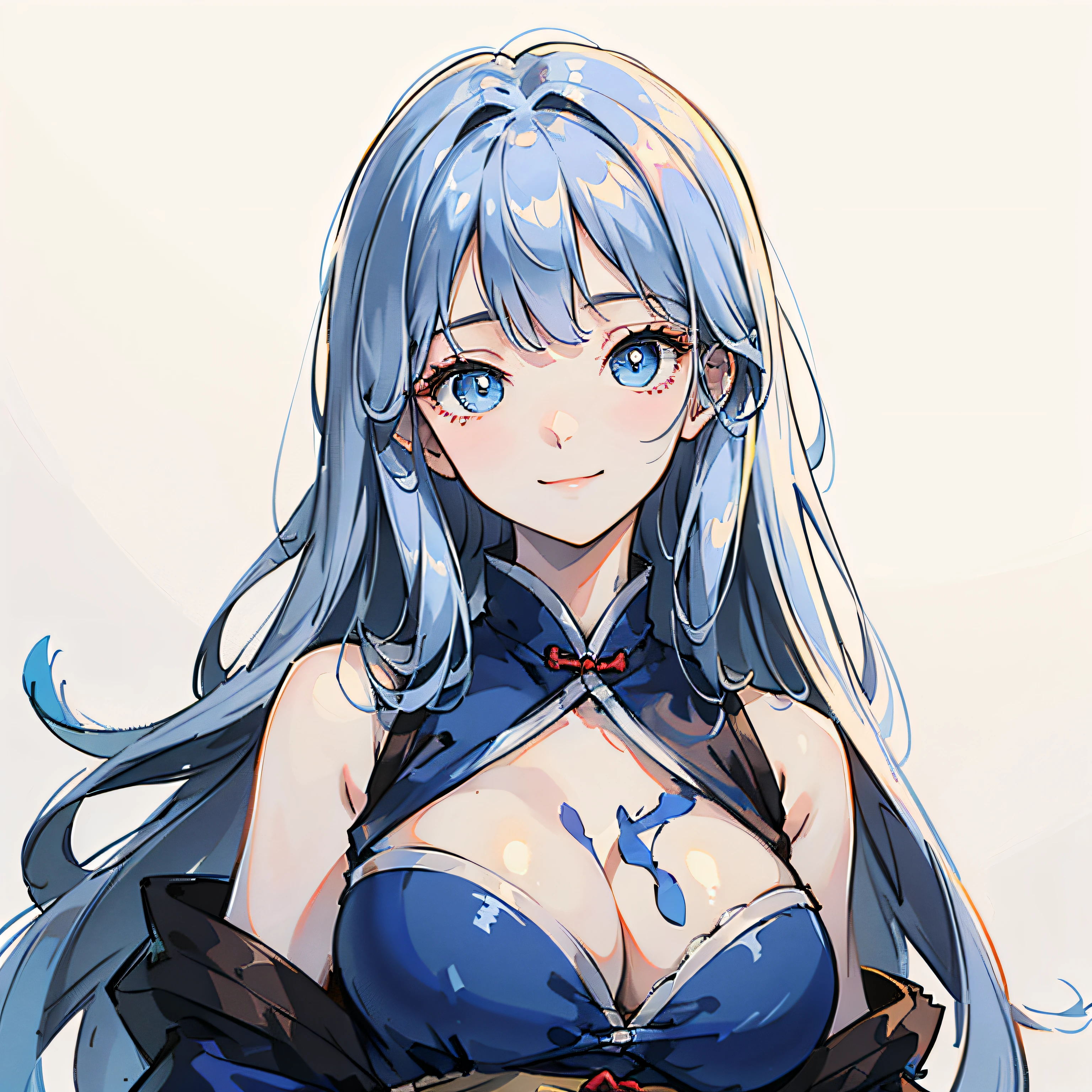 whaite hair,Blue eyes masterpiece,best qualtiy,offcial art,8k wallpaper,highly detailed,illustratio,1个Giant Breast Girl,long whitr hair,Detailed eyes,Forrest gump,exposed bare shoulders,Blue and white Hanfu,,Pure,softl smile --auto