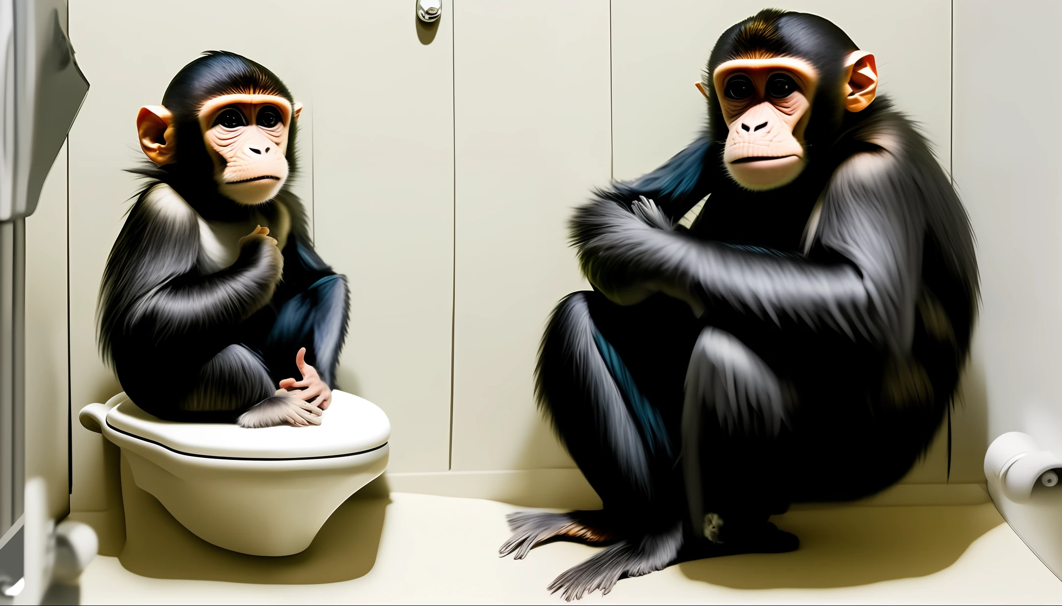 A monkey sits on the toilet and