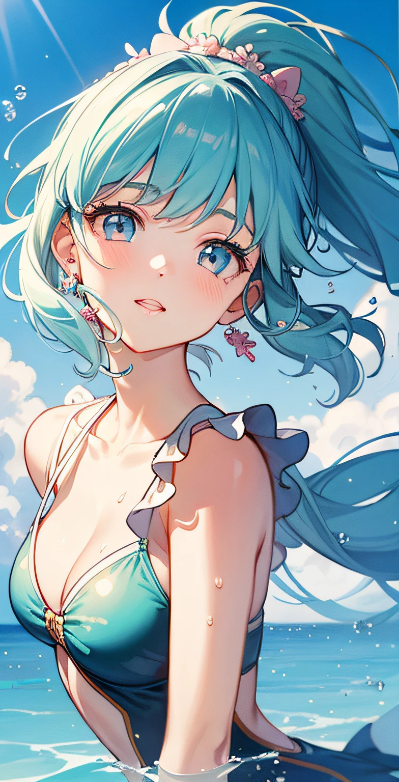 (masterpiece), (best quality), (ultra detailed),(disheveled hair),(illustration), (1girl), (Fashionable clothing), standing, Fashion model, looking at viewer, (interview), (simple background),beautiful detailed eyes, delicate beautiful face, Floating,(high saturation),(colorful splashes),colorful bubble,(shining), focus on face, ponytail, kamisato ayaka, light blue hair, bangs, hair ring, floating flowers, floating hairs, (shining), best lighting, best shadow,masterpiece, top quality, best quality, swimsuit party, in the water,fish,watermelon,cute style, perfect structure, summer theme