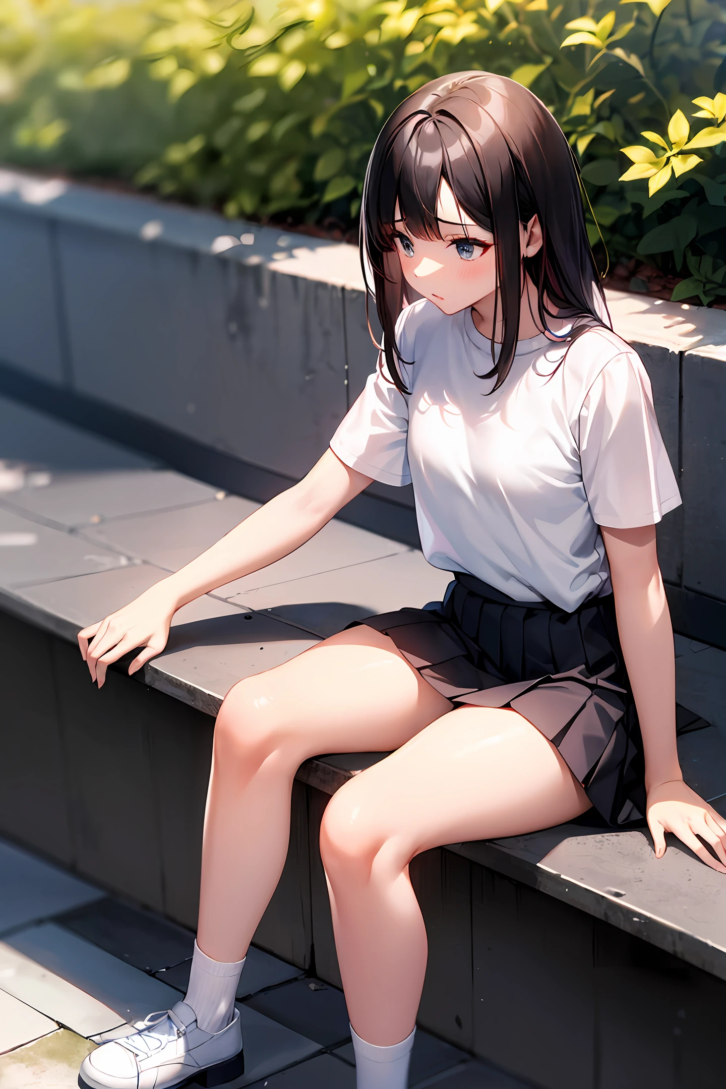 High school girls,18yr old,White clothes,Black pleated skirt,White socks,Small white shoes,with thin legs,White skin,Sit and stretch your legs,With bangs,Pure and clean