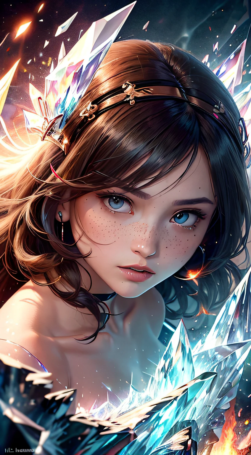 (masterpiece, top quality, best, official art, beautiful and aesthetically pleasing, long exposure: 1.2), smooth movement, charming pattern, 1 girl, (long skirt with sleeves: 1.3), red dress, upper body close-up, Strapless, Chinese girl, freckles, black lob hair, portrait, solo, upper body, gaze at the observer, detailed background, detailed face, (crystallineAI, crystalline theme:1.1), elemental fire sprite, spinning fire, control fire, ruby's Clothes, dynamic poses, floating particles, ethereal dynamics, fire, steam, lava in the background, red tones, volcanoes, ethereal atmosphere,