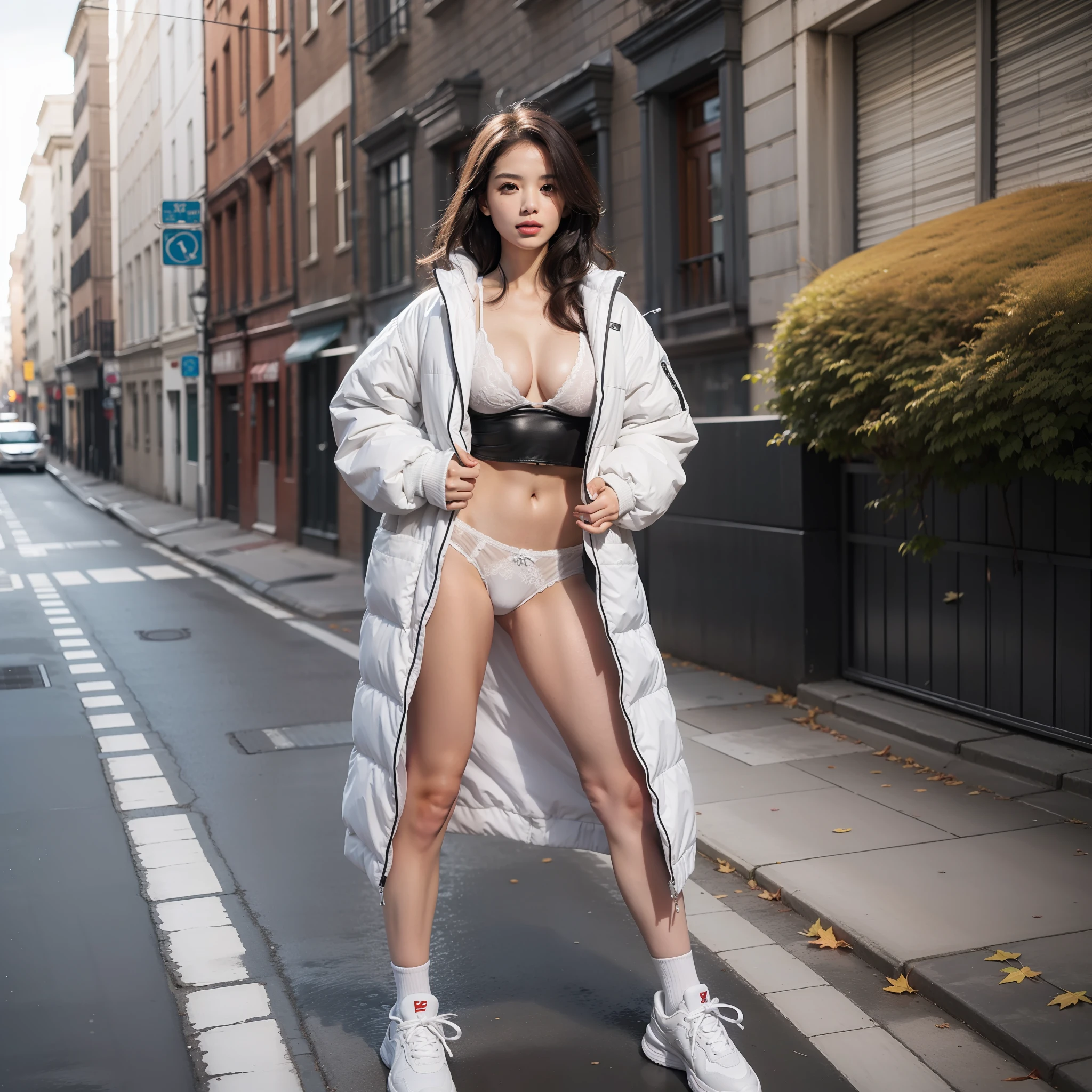 european girl, best quality, ultra high res, (photorealistic:1.4), autumn, street, sneakers, white down jacket, panties, perfect body, super large breasts,, (grey long hair:1), ((puffy eyes)), happy, ?????, full body