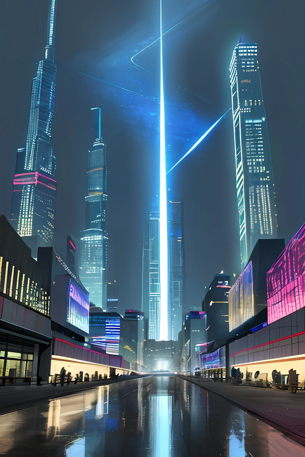 A large number of unmanned vehicles are flying in the air，Power mechs coming and going on the road，Hologram reflected street，Further afield, there are buildings with bamboo shoots rising into the clouds