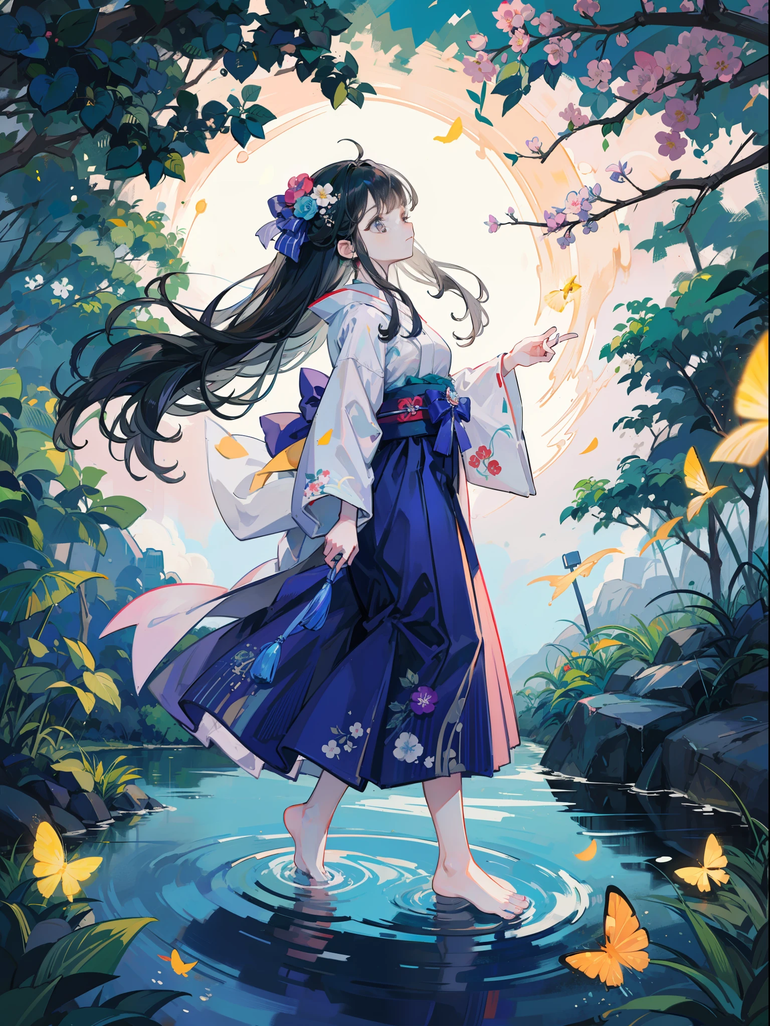 Fantastic path in pitch-black forest。Side view of -yeld giA slight smil。She wears a yukata with a beautiful floral pattern。Walking barefoot。There is a lot of water underfoot.。Dripping water droplets。Fantastic fireflies float in the air、Light reflects off the water。Near and far law。Glitter effect。Dynamic composition with depth。Extremely high quality、high-level image quality、Extremely delicate drawing。Rarely seen workmanship