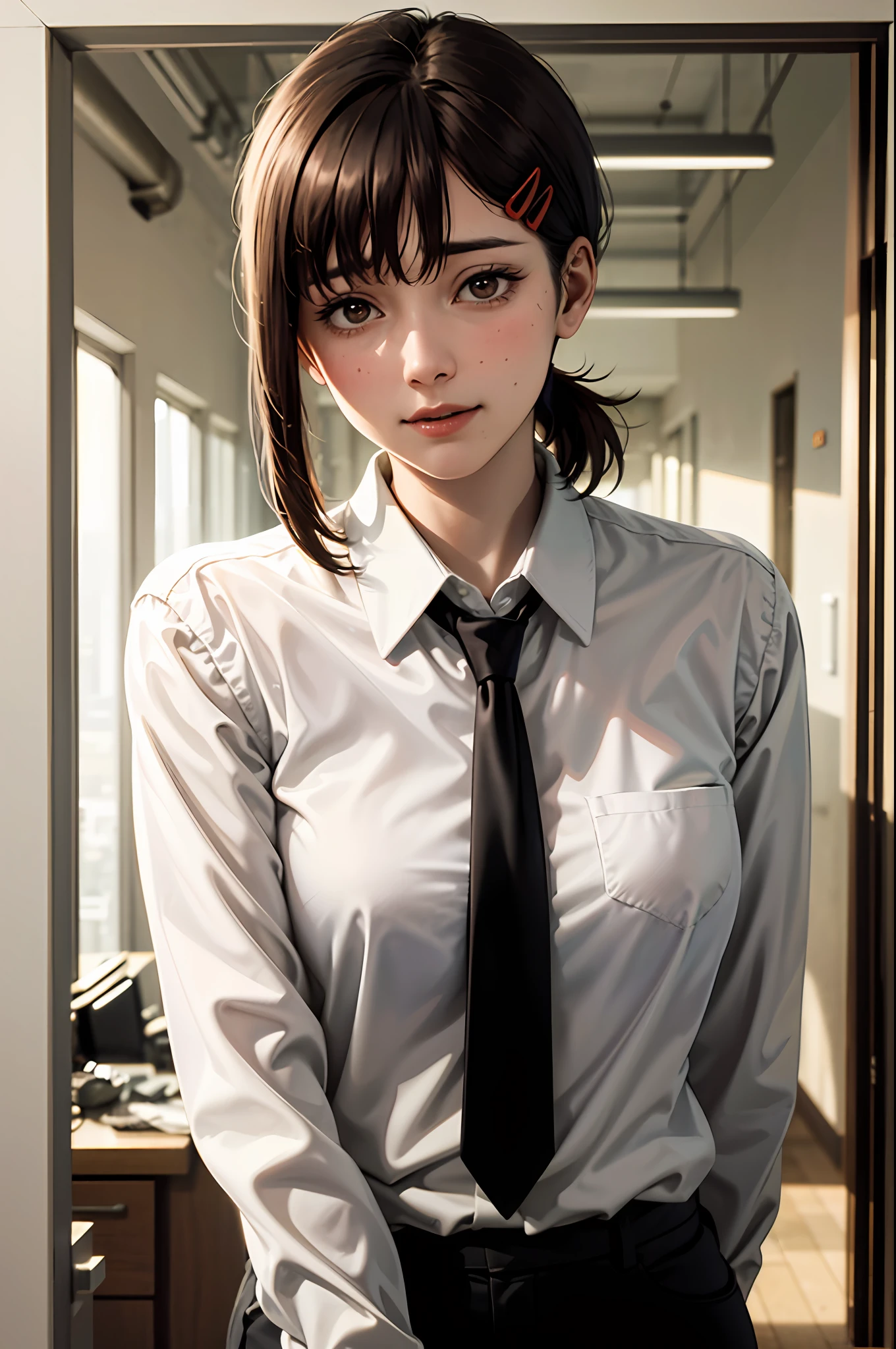 masterpiece, best quality, ultra-detailed, illustration, epic lighting, cinematic composition, isometric, 1girl, solo, cute, brown eyes, black hair, swept bangs, single sidelock, red hairclip, white collared shirt, black necktie, black pants, formal, enchanting gaze, captivating pose, indoors, office, door, opening door, looking at viewer, peeking out upper body, blush, seductive smile, closed mouth,(8k:1.1),