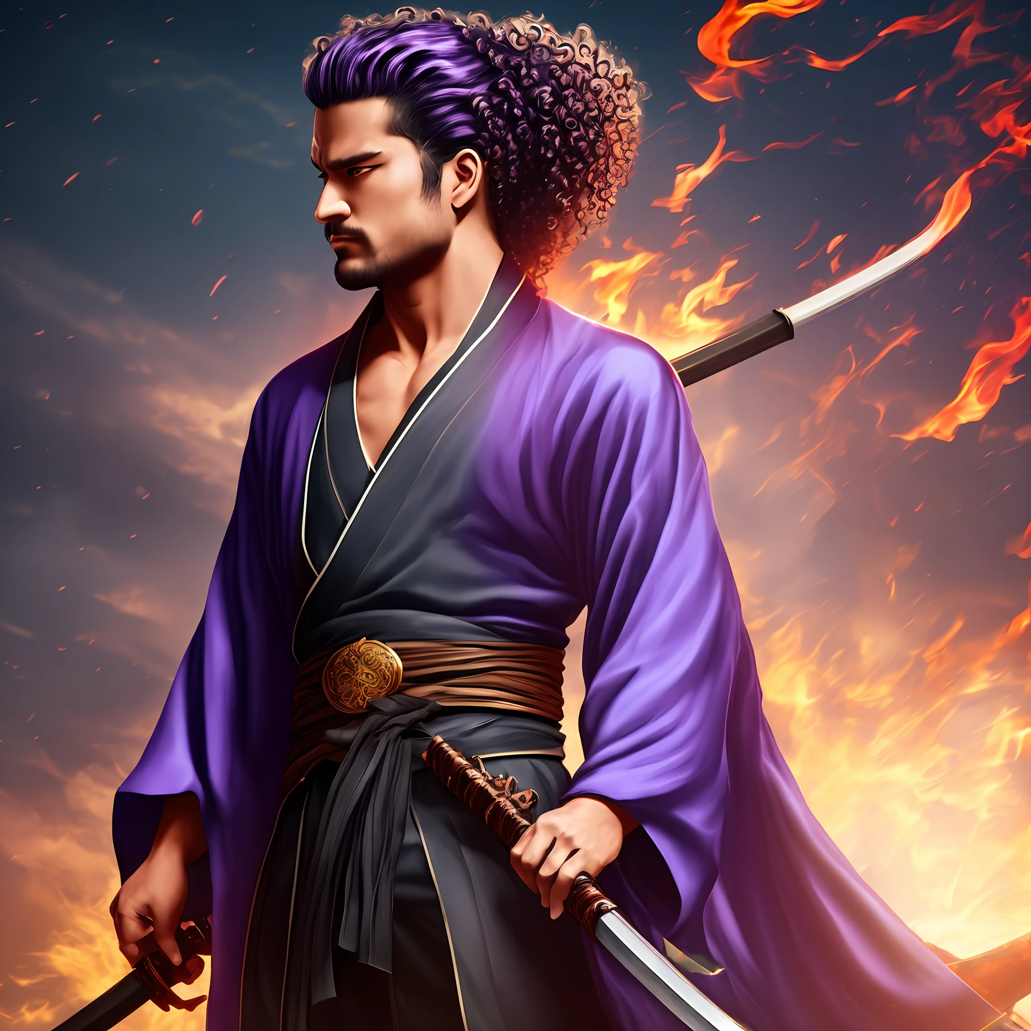 Man with katana in hand curly hair with purple locks with ponytail and black flames turns me into purple kimono --auto