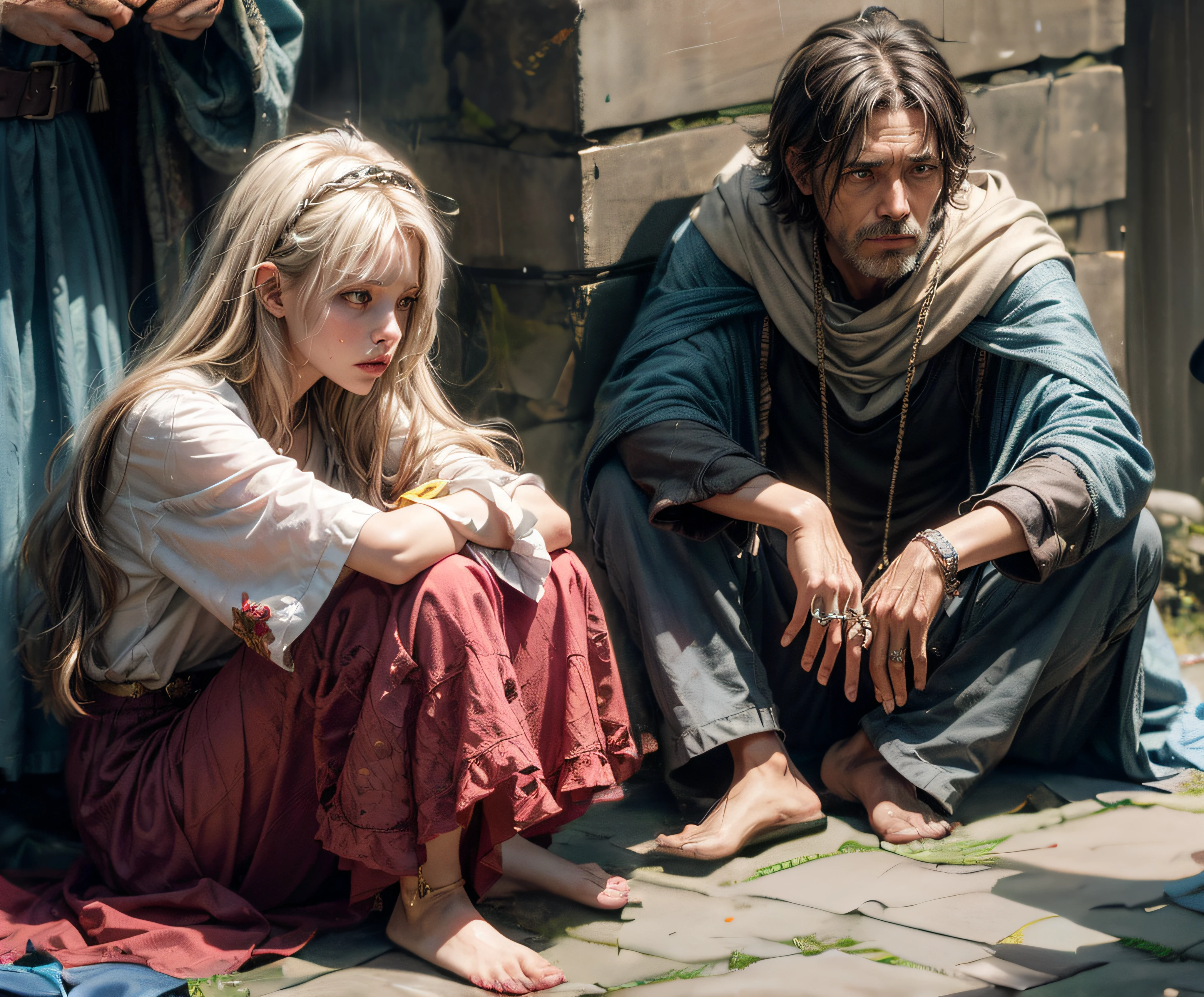 (Realistis:1.4),medieval times,8K,After the war,top down shot,wide wide shot,Close-up,low angles,low angle shot,Elevation angle,Close-up,Get close to the character,dramatic scene,A princess,The richly dressed princess sits by the devastated city walls,The city is full of beggars,Full of ragged beggars,overcast day,Drizzle,A sense of contrast,and it is raining,Helpless beggars,A group of beggars looked at the princess,Comic storyboard,sad expressions