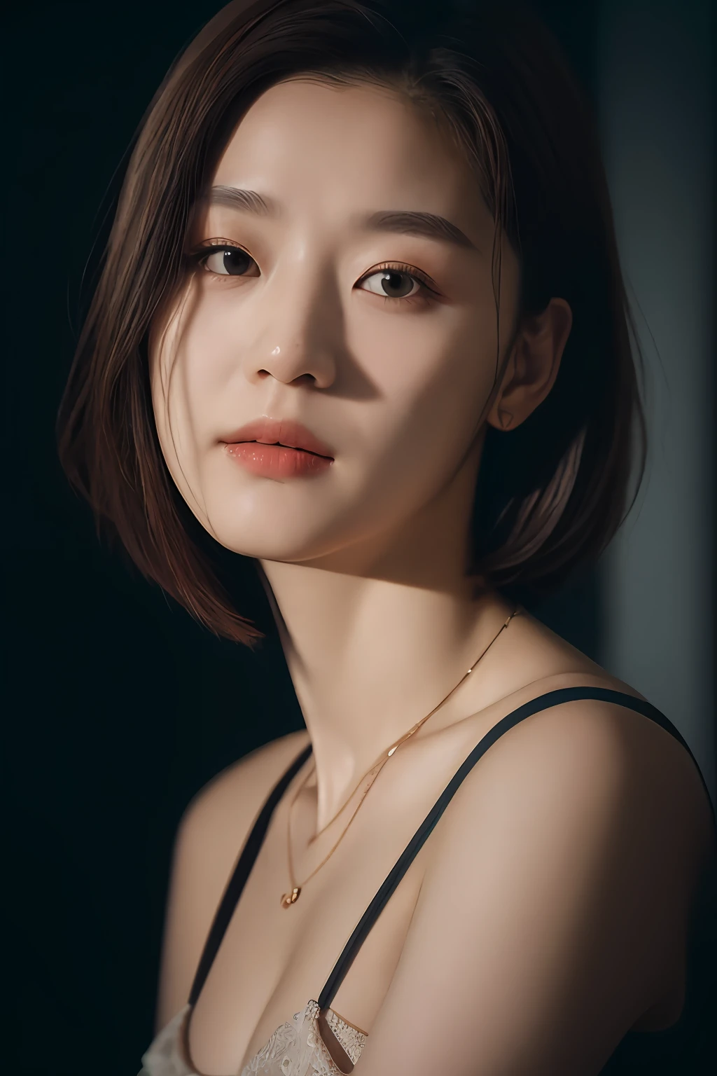 fashion photography portrait of 1girl, offshoulder, fluffy short hair, in the dark, shadow, low key, (photorealistic, raw photo:1.2), (natural skin texture, realistic eye and face details), hyperrealism, soft light, rim light, ultra high res, 4K, Best quality, masterpiece, necklace, (cleavage:0.8), headband