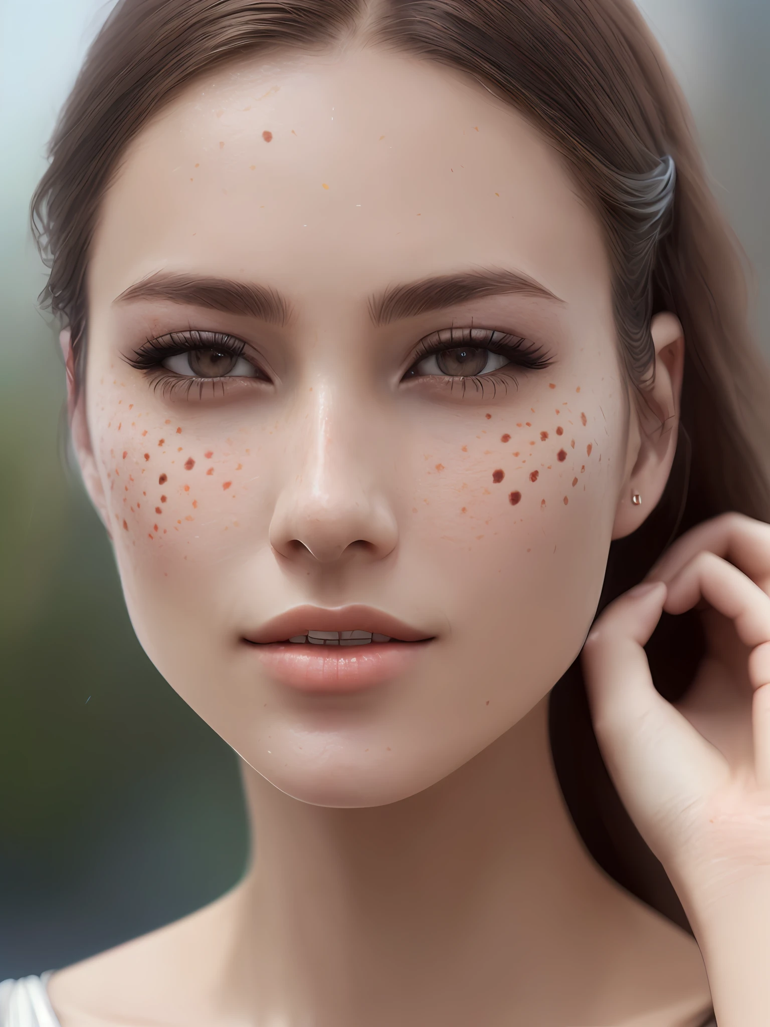 (skin spots: 1.2),1 female, 26 years old, ((((female))), (skin dentation), gorgeous, solo, real, best quality, photorealism, masterpiece, 8K, high resolution, solo, highly detailed face, full face, (professional lighting, bokeh), (light particles, lens fla...