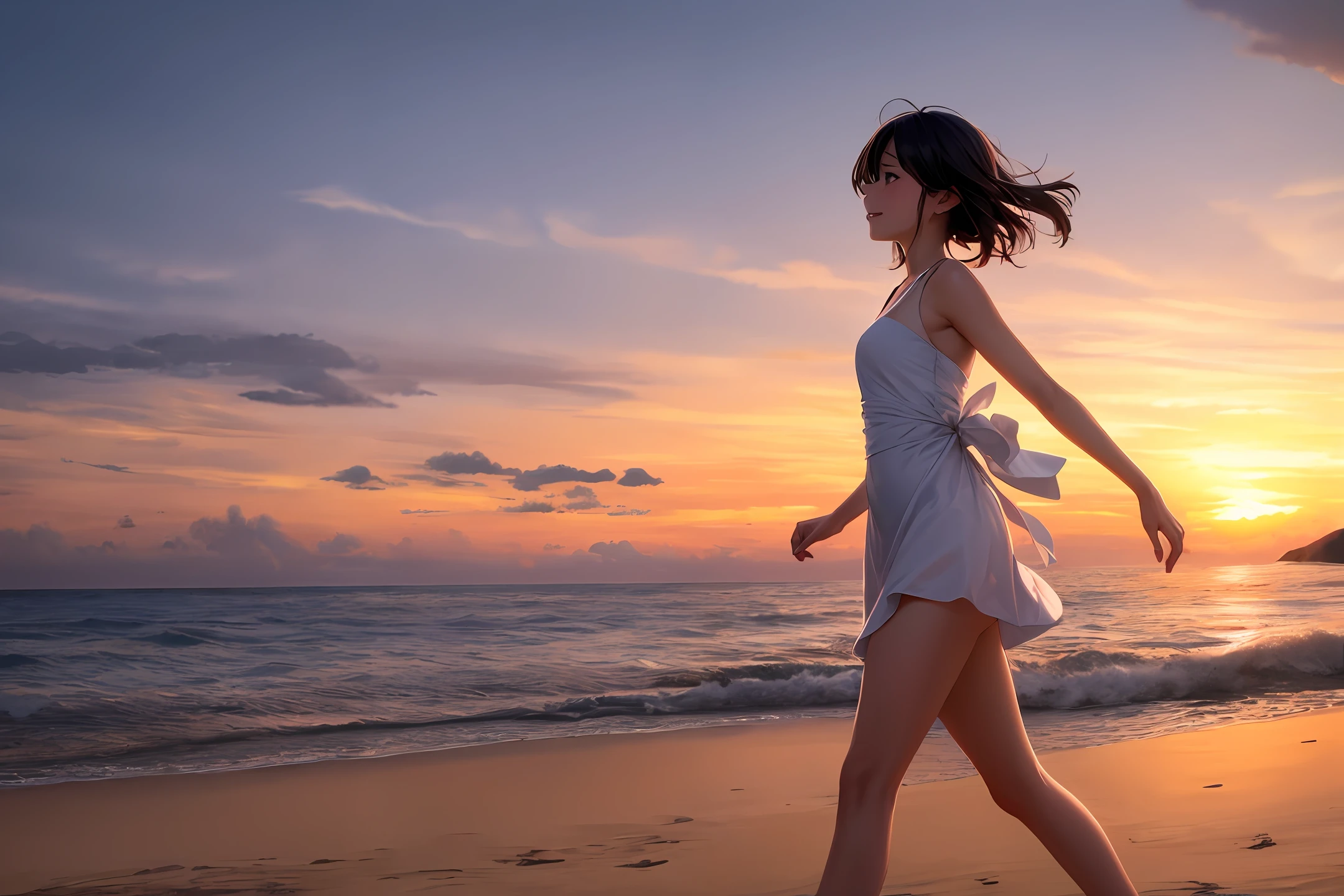 the sunset，both sexes，sandbeach，run，offcial dress，