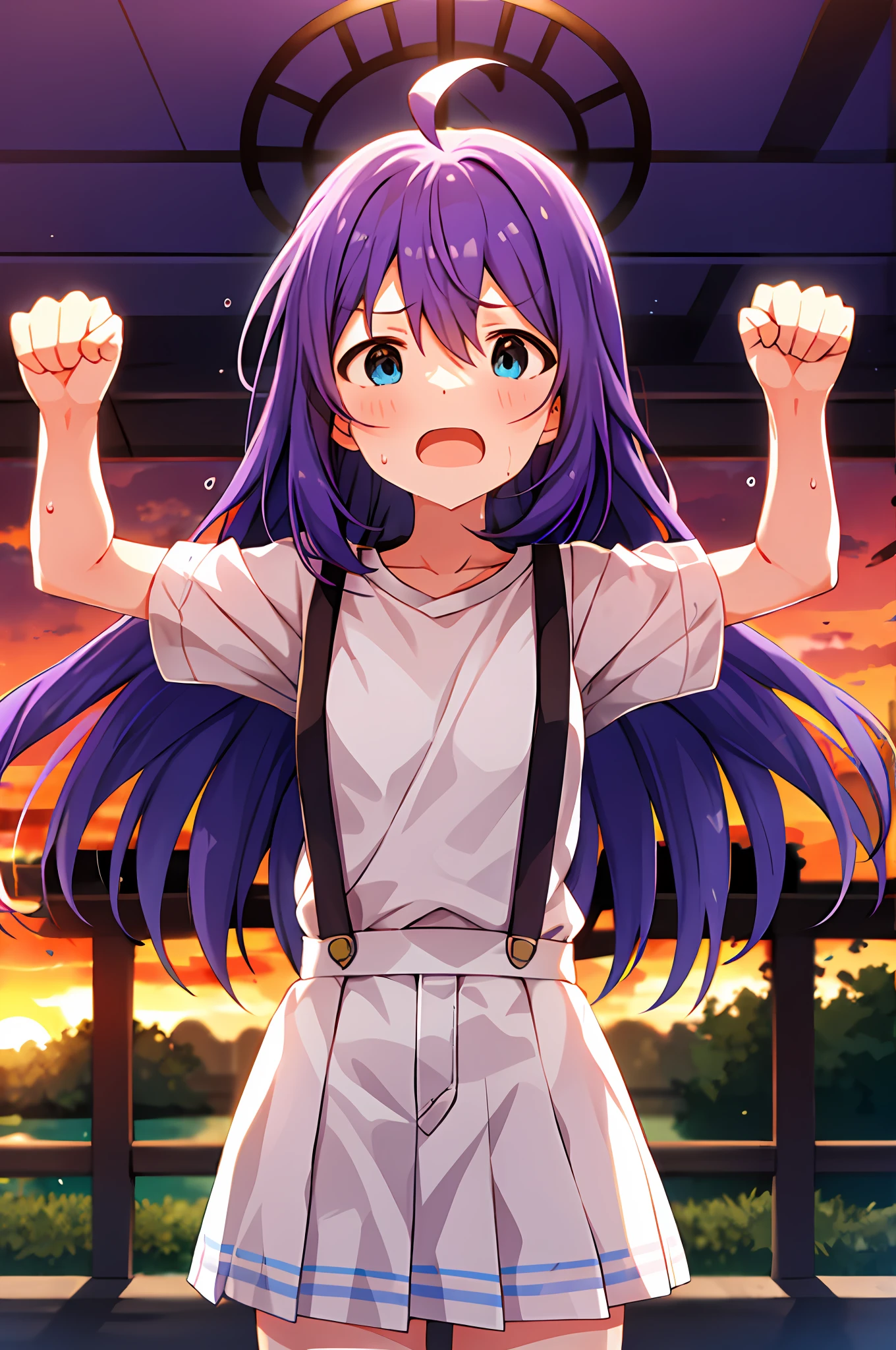 mochizuki anna,1girl in,Solo,Long hair,Purple hair,Small_Ahoge,Blue eyes.Short stature.white t-shirts.suspenders.Skirt.Evening glow.the setting sun.Spread your arms.Despair face.Sweat.Opening Mouth.clench your fists.up chest.
