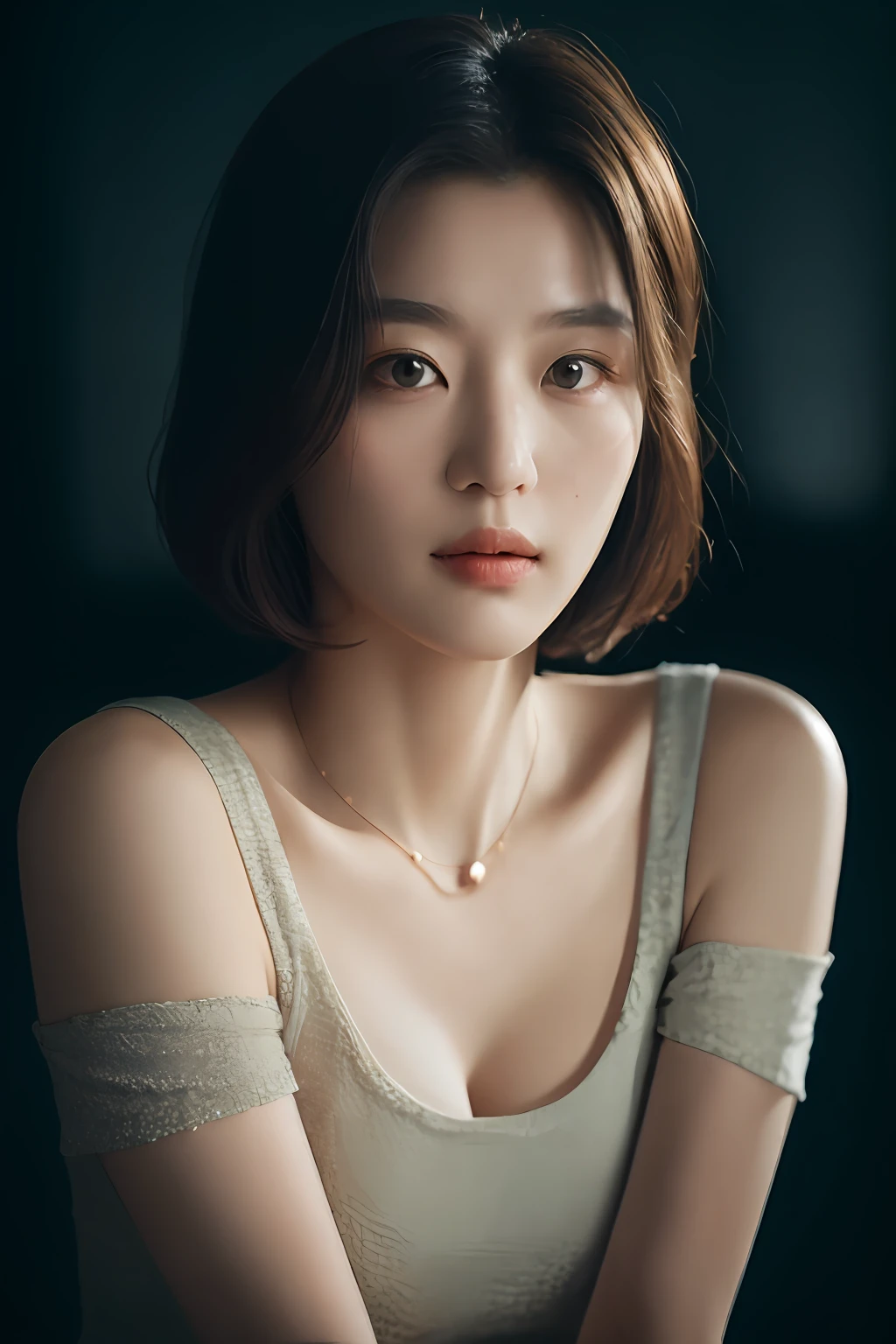 fashion photography portrait of 1girl, offshoulder, fluffy short hair, in the dark, shadow, low key, (photorealistic, raw photo:1.2), (natural skin texture, realistic eye and face details), hyperrealism, soft light, rim light, ultra high res, 4K, Best quality, masterpiece, necklace, (cleavage:0.8), headband