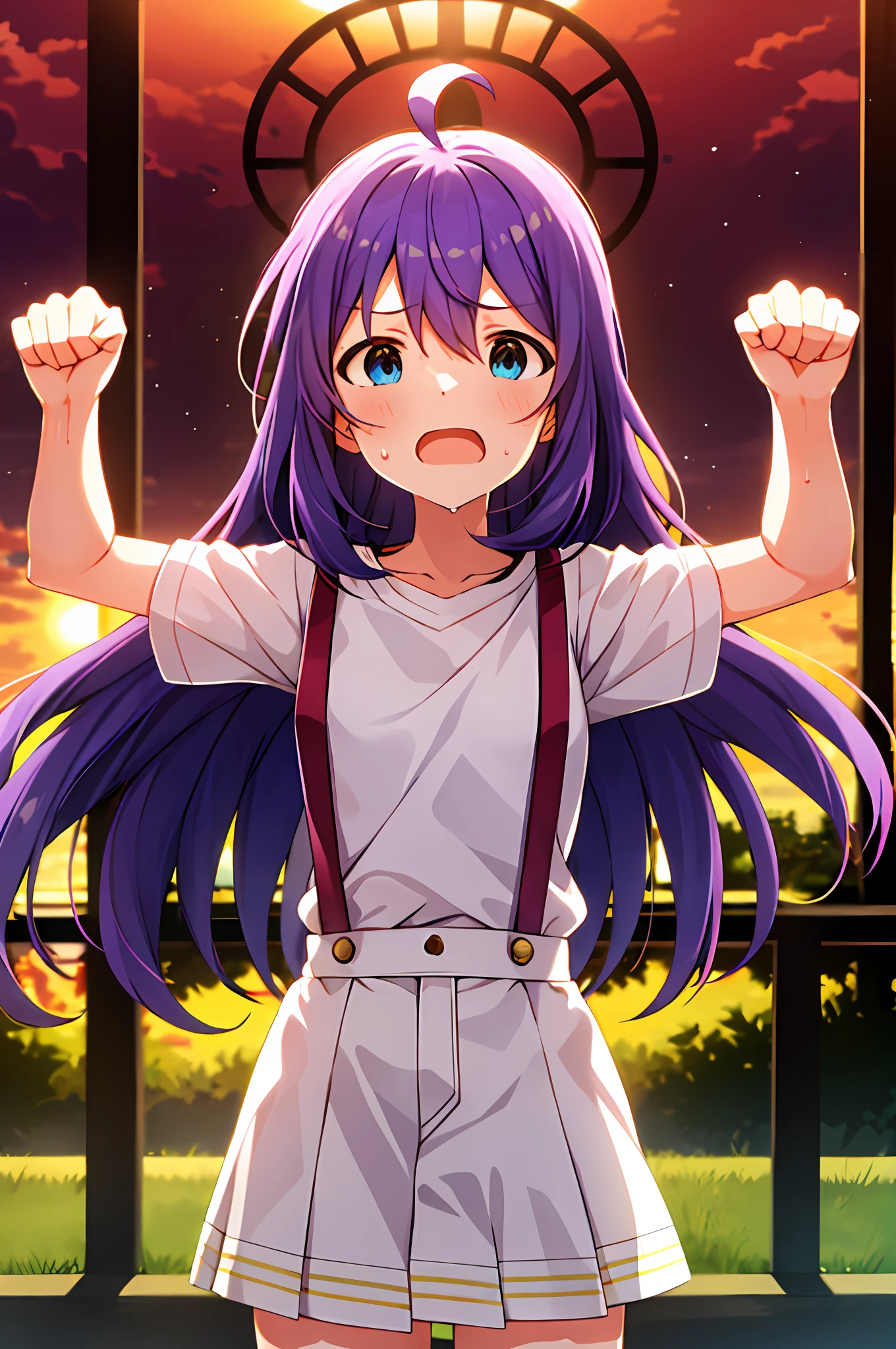 mochizuki anna,1girl in,Solo,Long hair,Purple hair,Small_Ahoge,Blue eyes.Short stature.white t-shirts.suspenders.Skirt.Evening glow.the setting sun.Spread your arms.Despair face.Sweat.Opening Mouth.clench your fists.up chest.