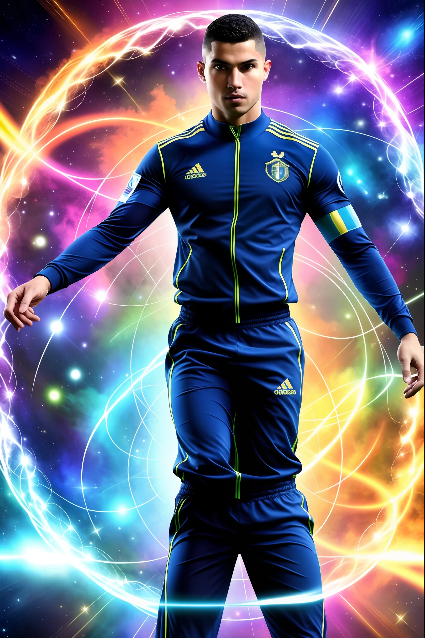 (masterpiece) (high quality) (professional) portrait of rolando wearing a swedish national soccer team jersey on a field at night high contrast, two tone lighting highly detailed