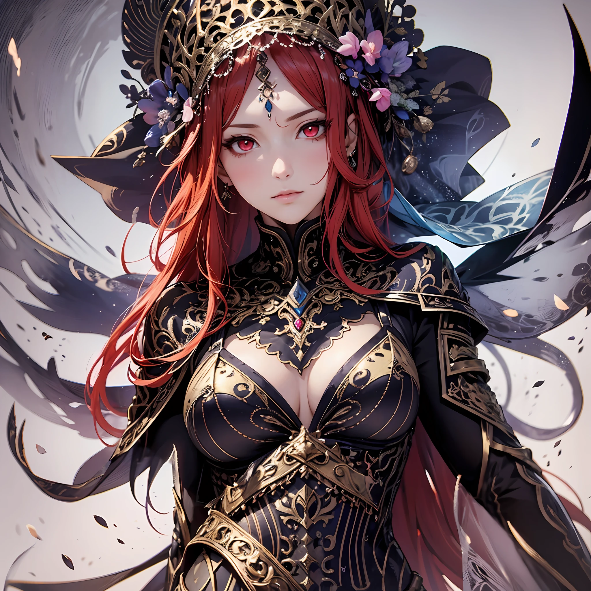 masterpiece, best quality, 1woman, adult, female focus, solo, long red hair, vibrant red eyes, looking at viewer, closed mouth, Fantasy aesthetics, Highly detailed, shadowverse style, demonic attire, necromancer, veil