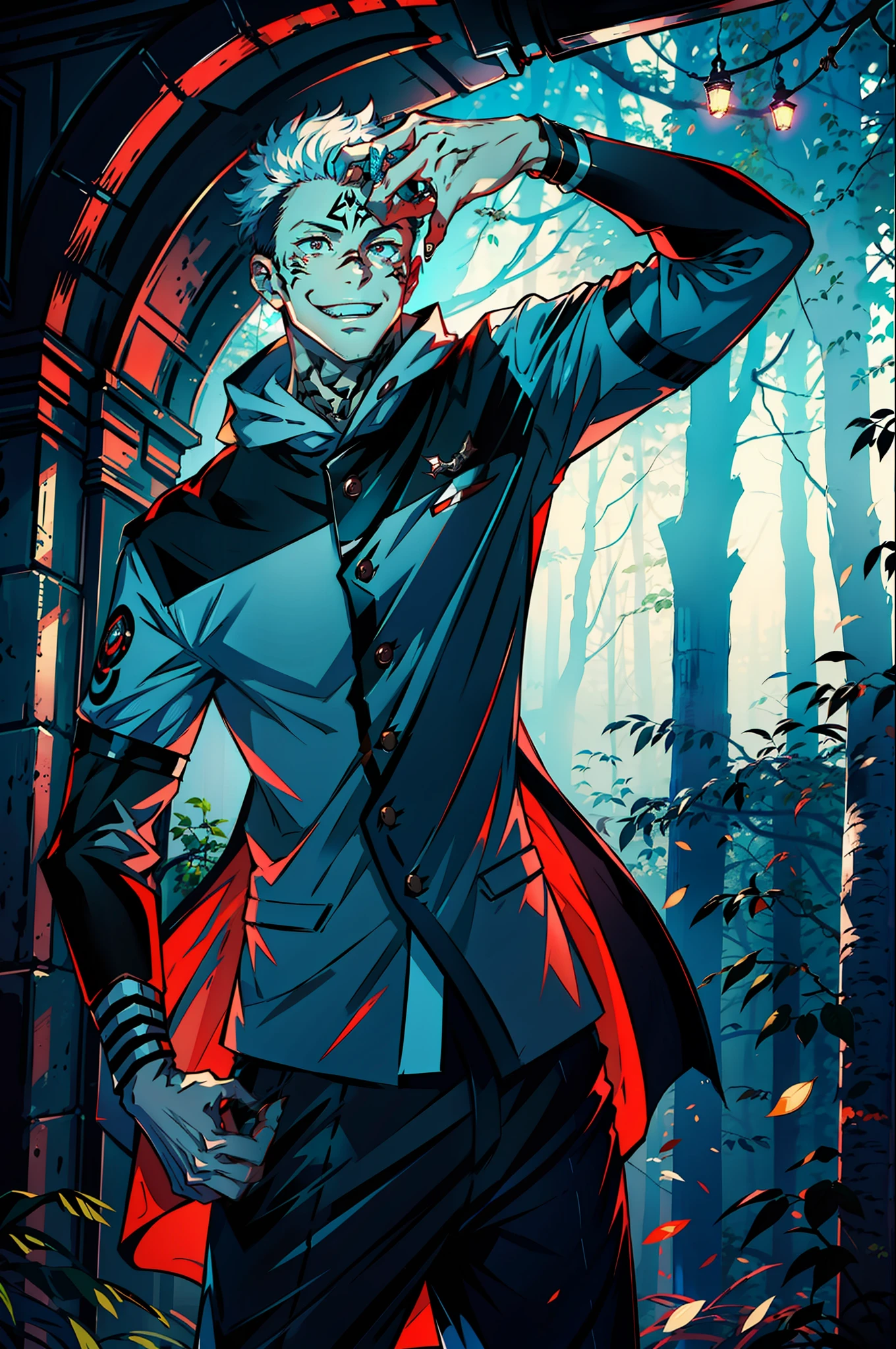 (masterpiece, best quality:1.2), cowboy shot, solo, male focus, 1boy, sukuna, very big smile, white tactical cyber wizard outfit , tattoo_on_his_face, tattoo_ryoumen, upper body, hands in the pocket,standing on a dead dragon