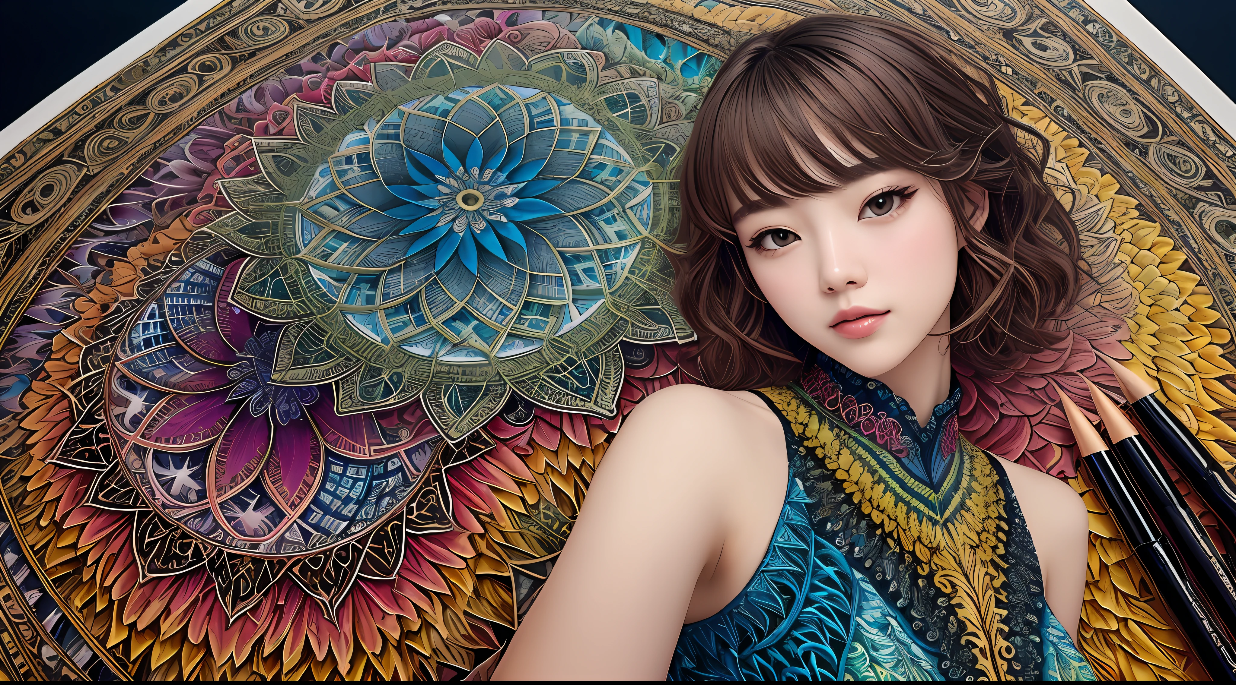 (masterpiece、top-quality、top-quality、Official art、Beautifully Aesthetic:1.2)、(1girl in:1.3)、ighly detailed、(Fractal Art:1.2)、colourfull、highestdetailed、(Zentangle:1.2)、(Dynamic Pause) 、(Abstract background:1.5)、(Nice dress:1.2)、(shinny skin)、(Many colors:1.4)、full bodyesbian 、((shorth hair))