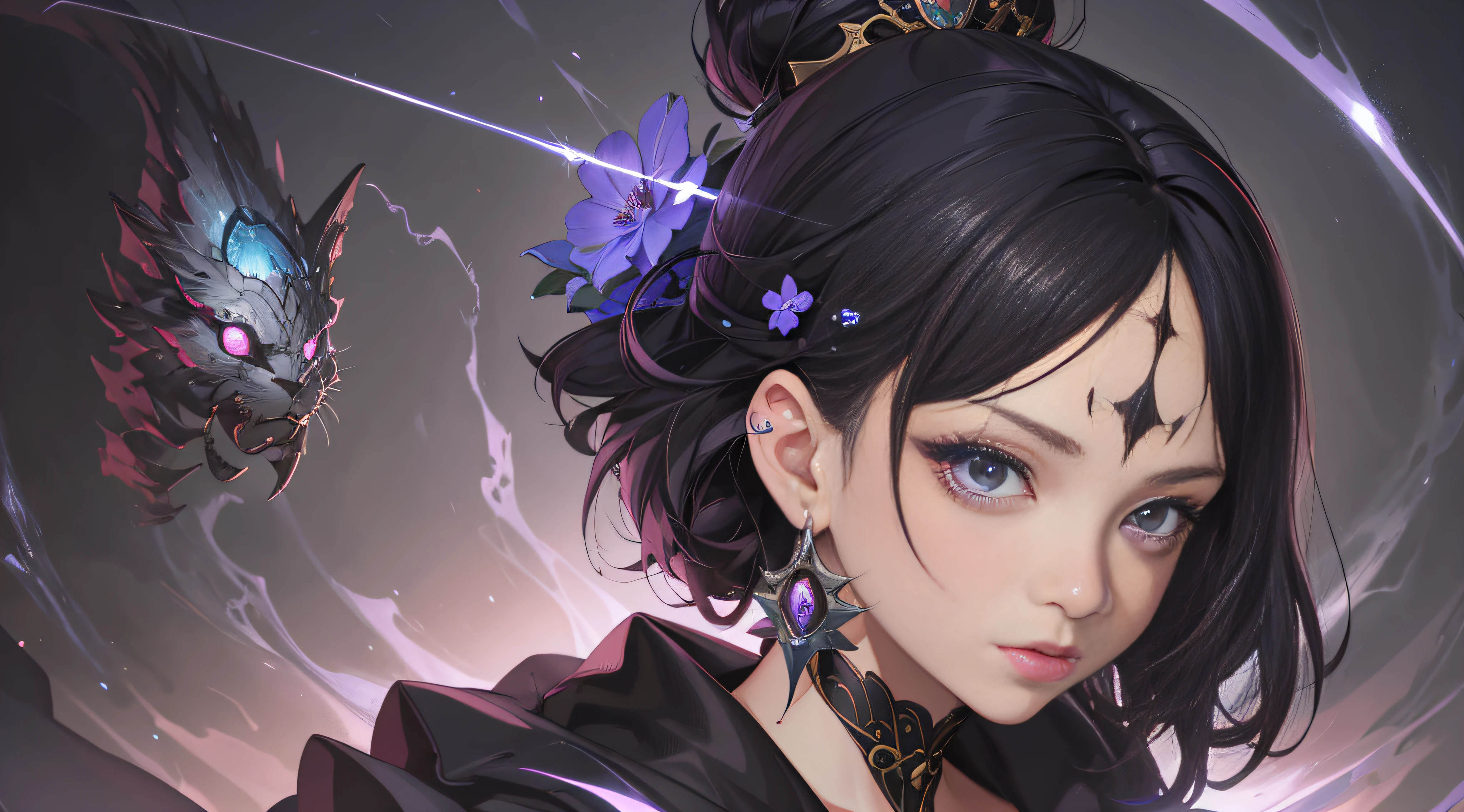 Anime girl with purple eyes and black top,There are purple flowers on the hair, artgerm detailed, Extremely detailed Artgerm, Phlegm sputum, phlegm | Art germ, 8K stunning artwork, 4K detailed digital art, wlop rossdraws, 4k highly detailed digital art, Guviz-style artwork, Ross Tran 8 K, Fantasy art style
