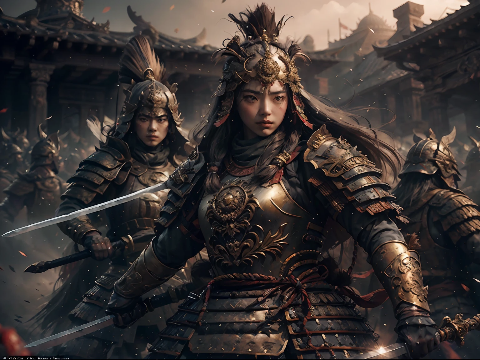 A female warrior holds a sword in the middle of the battlefield, The face of classical beauty, Fighting posture, Turn things around, heroines, Gorgeous female warriors, 3D without, Realistic hyper-detail, Delicate gloss, depth of fields, Very detailed, Cinematic --auto