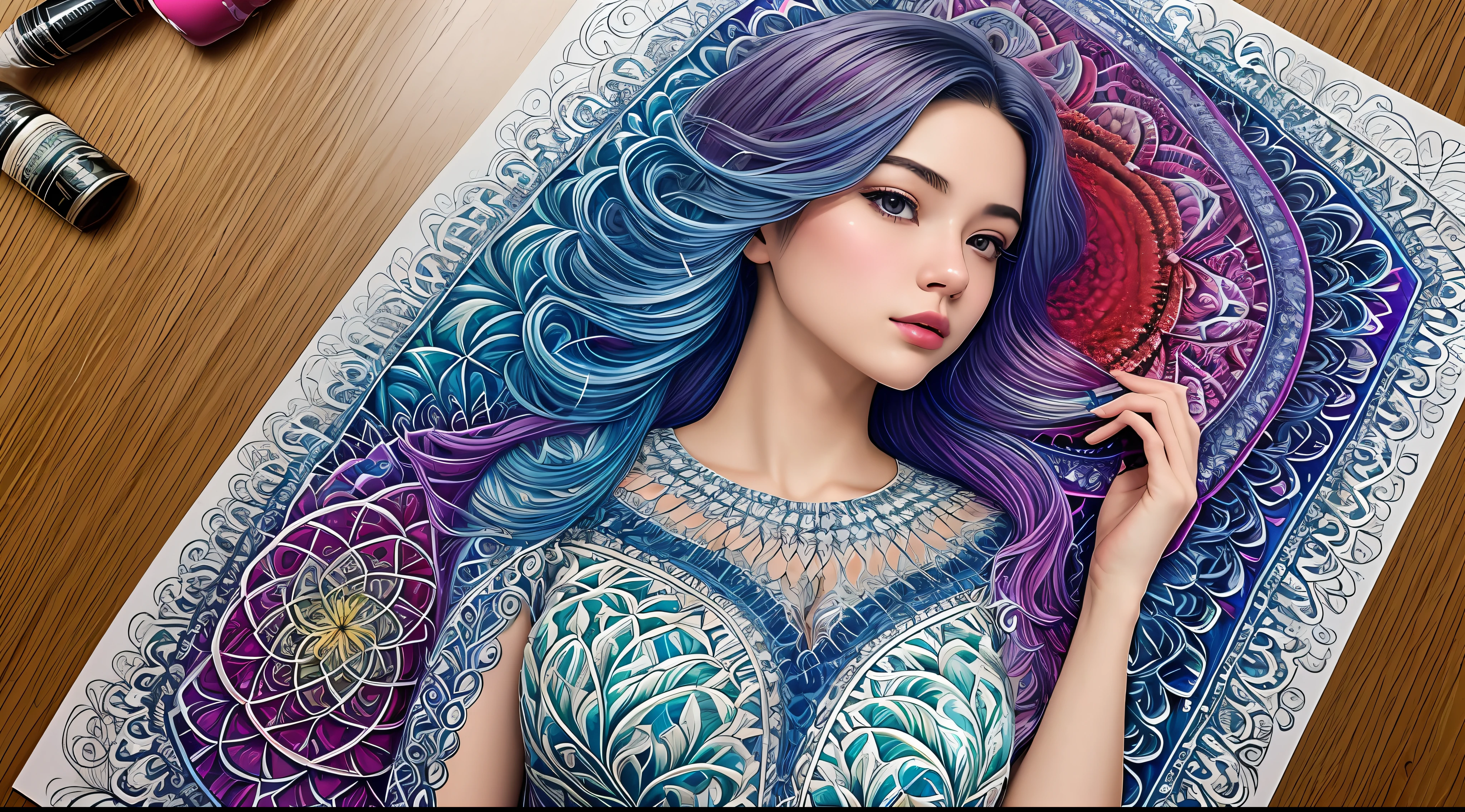 (​masterpiece、top-quality、top-quality、Official art、Beautifully Aesthetic:1.2)、(1girl in:1.3)、ighly detailed、(Fractal Art:1.2)、colourfull、highestdetailed、(Zentangle:1.2)、(Dynamic Pause) 、（Abstract background：1.5）、（Nice dress：1.2）、（shinny skin）、（Many colors：1.4）、full bodyesbian 、((shorth hair))
