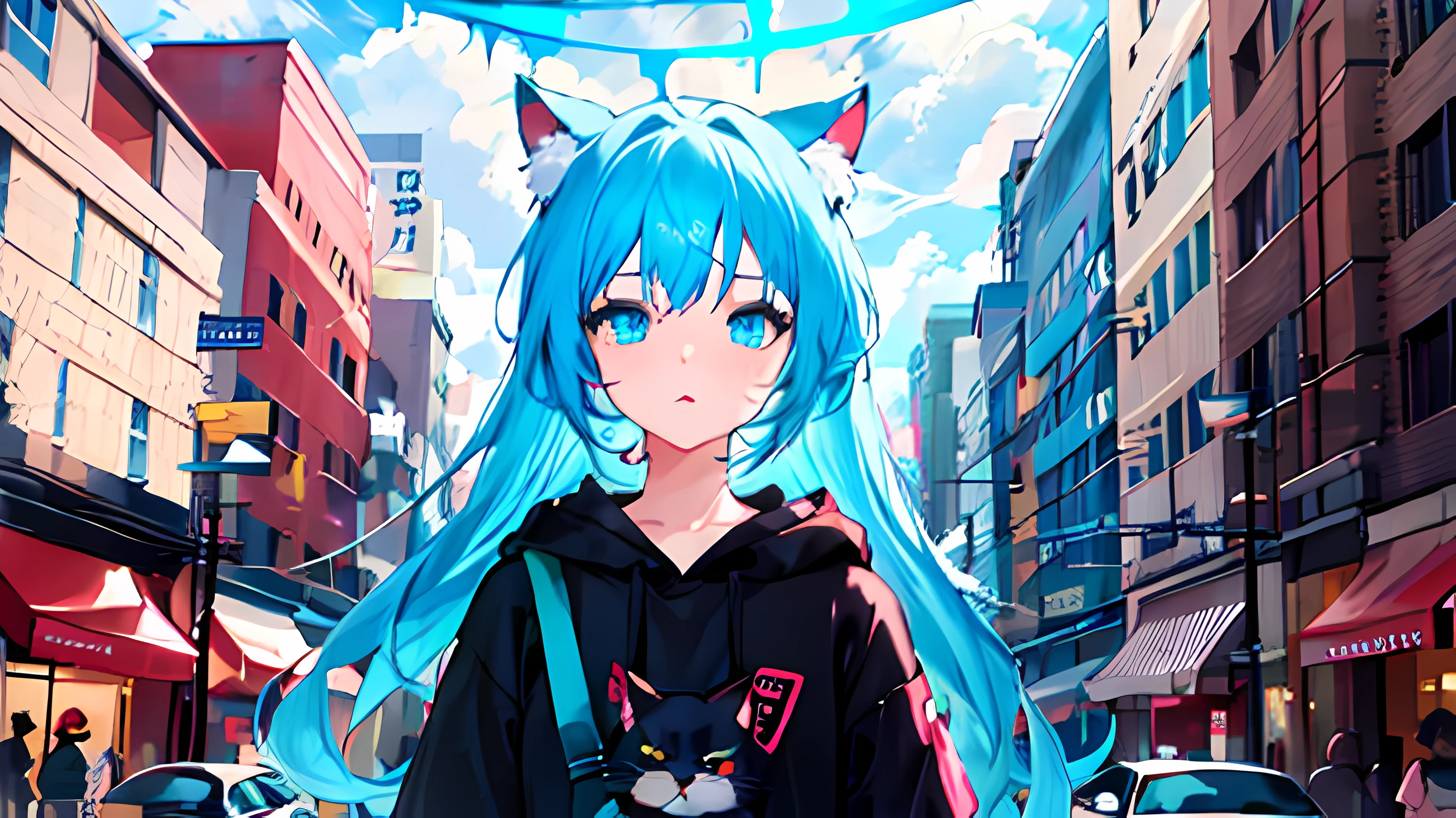 Anime girl with blue hair and blue eyes walking down the street, anime girl with cat ears, style of anime4 K, cute anime catgirl, anime moe art style, beautiful anime catgirl, anime catgirl, Anime girl with teal hair, Girl with cat ears, Very beautiful anime cat girl, Anime art wallpaper 8 K, Anime style. 8K