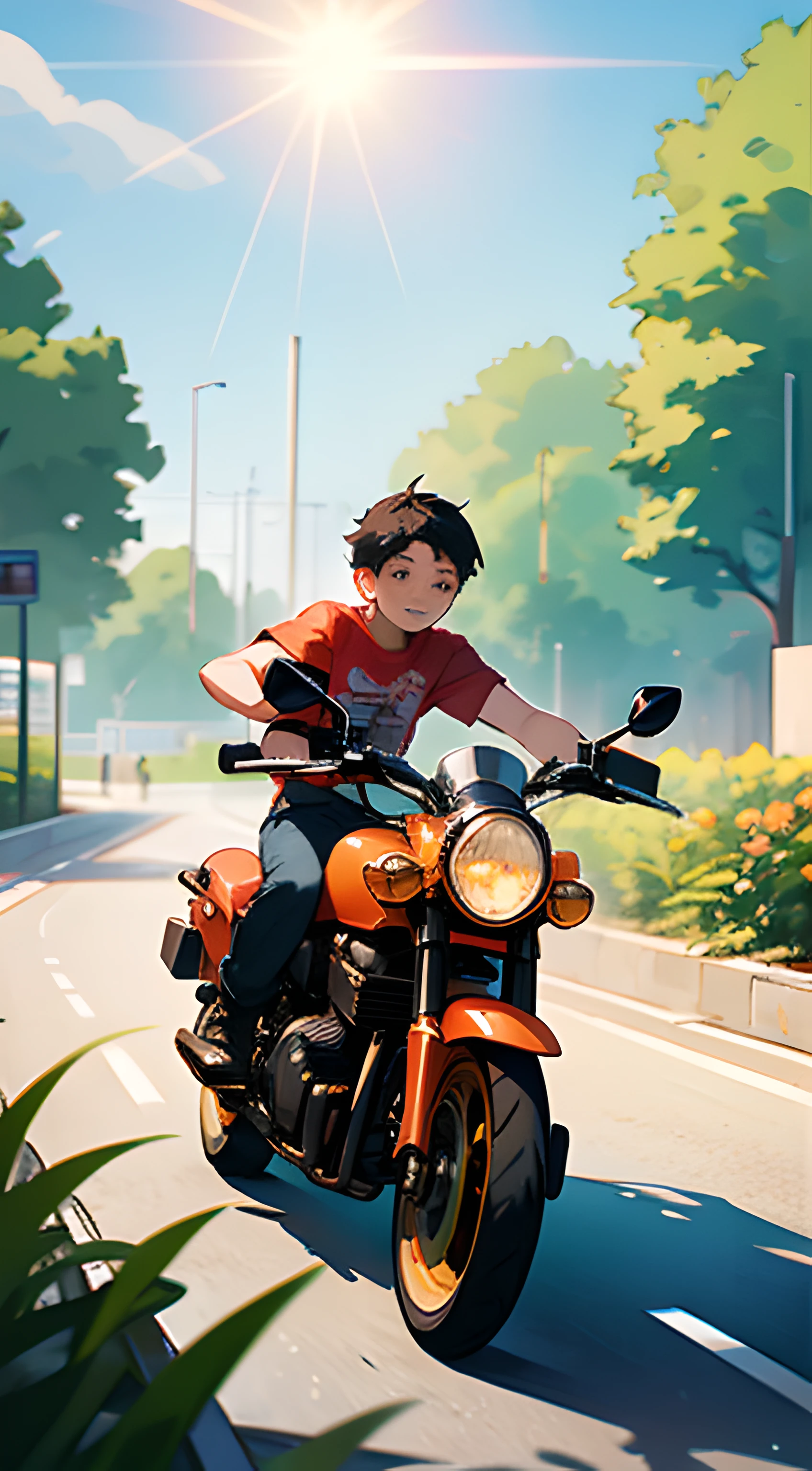 (high high quality)Motorcyclical(younge boy)Show on the(On wide meadows)swim,Wear a summer T-shirt,The direction of the ride is greeting(Brilliant sunshine),Behind him is(Vibrant garden)。