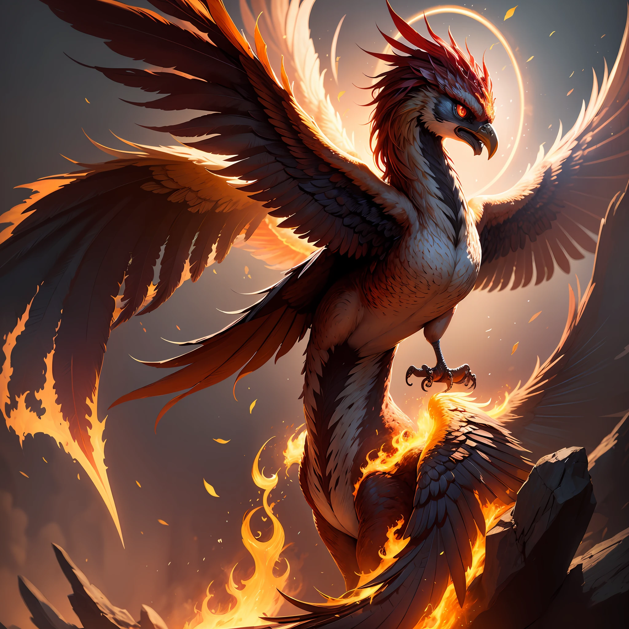 A fiery bird,There are wings and a halo on a red background, phoenix in fire, The Phoenix rose from the ashes, phoenix rising, artwork of a phoenix, ''wallpaper of a phoenix, ''wallpaper of a phoenix resting, the phoenix, Phoenix, phoenix flames, with fiery golden wings of flame, phoenix dragon, phoenix-inspired, phoenix warrior, fiery bird, marco the phoenix --auto