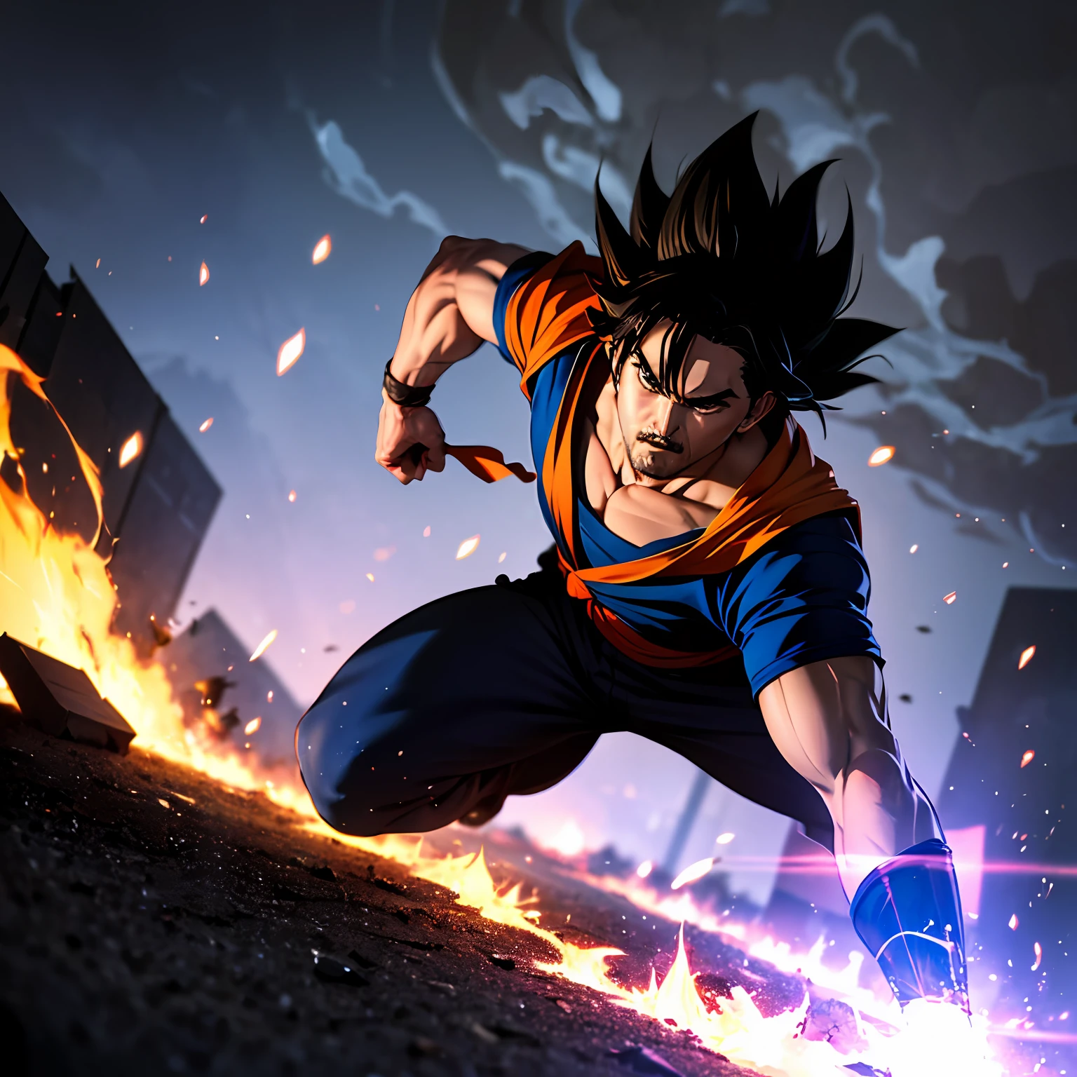 (master part, melhor qualidade, ultra-detalhado CG unidade 8k papel de parede), Dynamic angle, dynamic pose, Christian Bale as Goku, Realistic, detailed facial features, Cabelo preto picado, simetria perfeita, blue clothes, Energetic fighting pose, aura de poder irradiando ao seu redor, dramatic lighting, smoke and debris in the background.