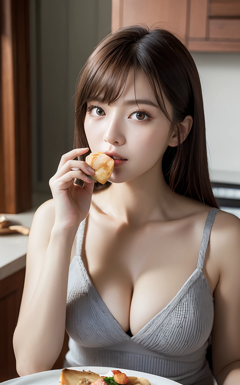 Highly detailed CG Unity 8K wallpaper, With the highest quality, super detailed, Master Piece, Realistic, photograph realistic, extremely detailed cute girl, 25 years old, (knit dress mini) , (blush) , Round eyes, large breasts, looking viewer, cowboy shot , cleavage, kitchen , eating breakfast at the table , parted bangs , showing bra