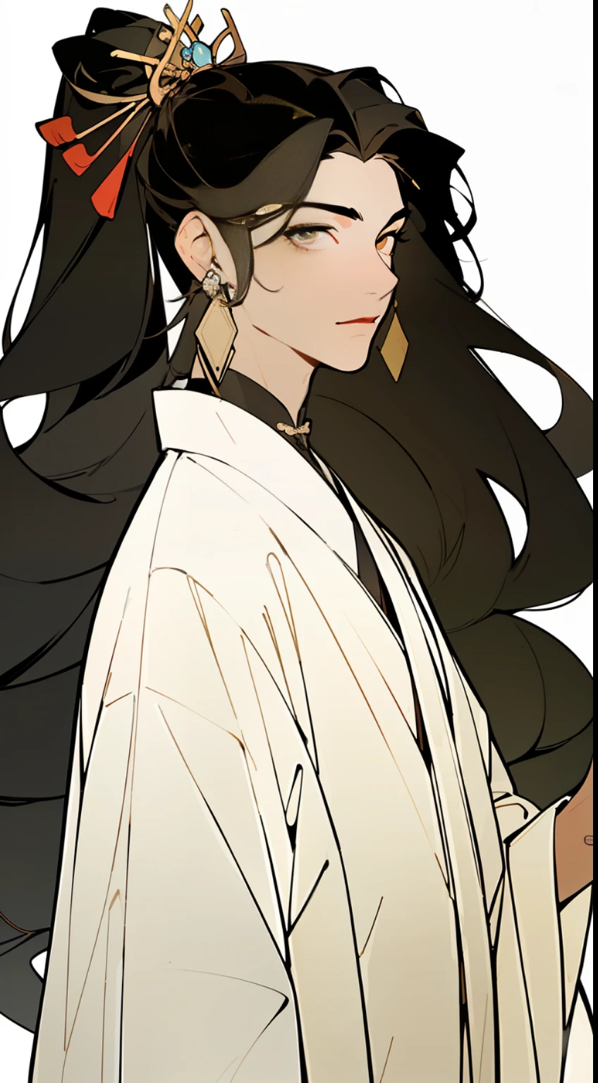 ((illustration of a man in traditional Chinese clothing)), (1 boy solo), close-up, facing the camera, (resolute eyes, handsome), (ancient Chinese clothes, white robe, embroidered collar Uesugi, white large-sleeved shirt, streamers), ((long black hair)), (ancient Chinese clothes, bunched ponytail, streamers, tassels, silver thread, beaded, embroidery, hairpins), (clear facial features, detailed skin texture, beautiful face), white background, earrings, standing, (masterpiece, top quality, Best Quality), (((Flat Color))),