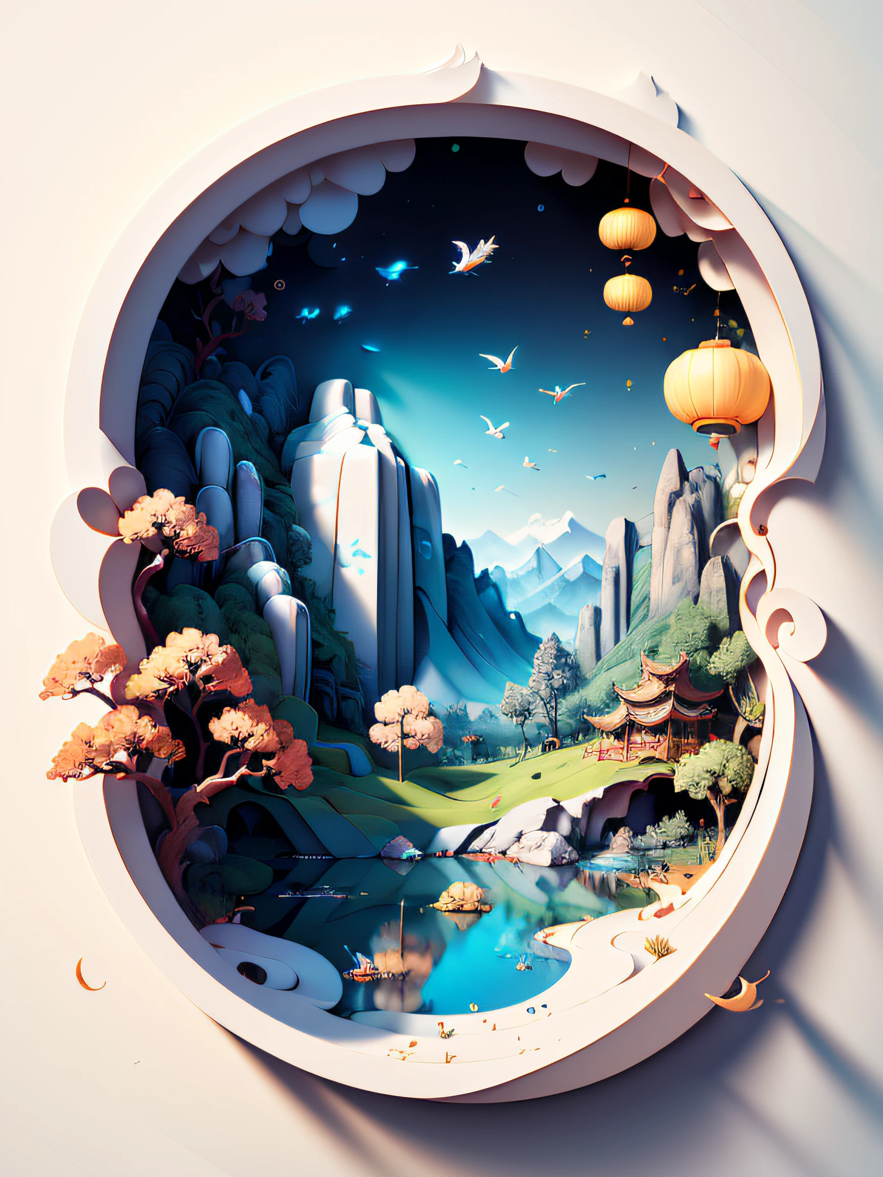 Traditional Chinese landscape painting, paper creation, 3D stereoscopic rendering, color gradient from white to light blue, 4K resolution, simple and natural composition, :white background, fresh and vulgar style. (:nature:)