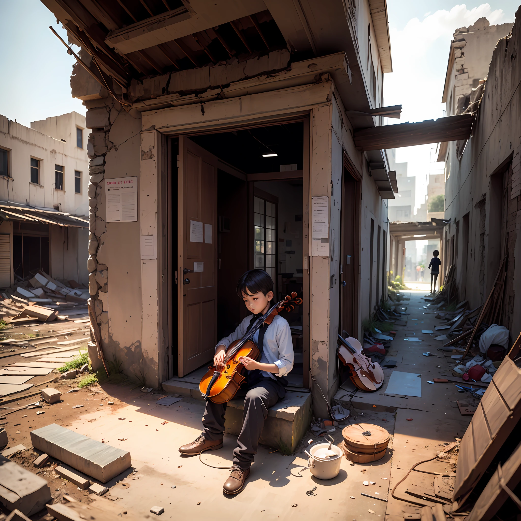 Late day,It is surrounded by low, temporary buildings,A boy plays his violin gracefully in the ruins,The girl sat quietly next to her and listened --auto