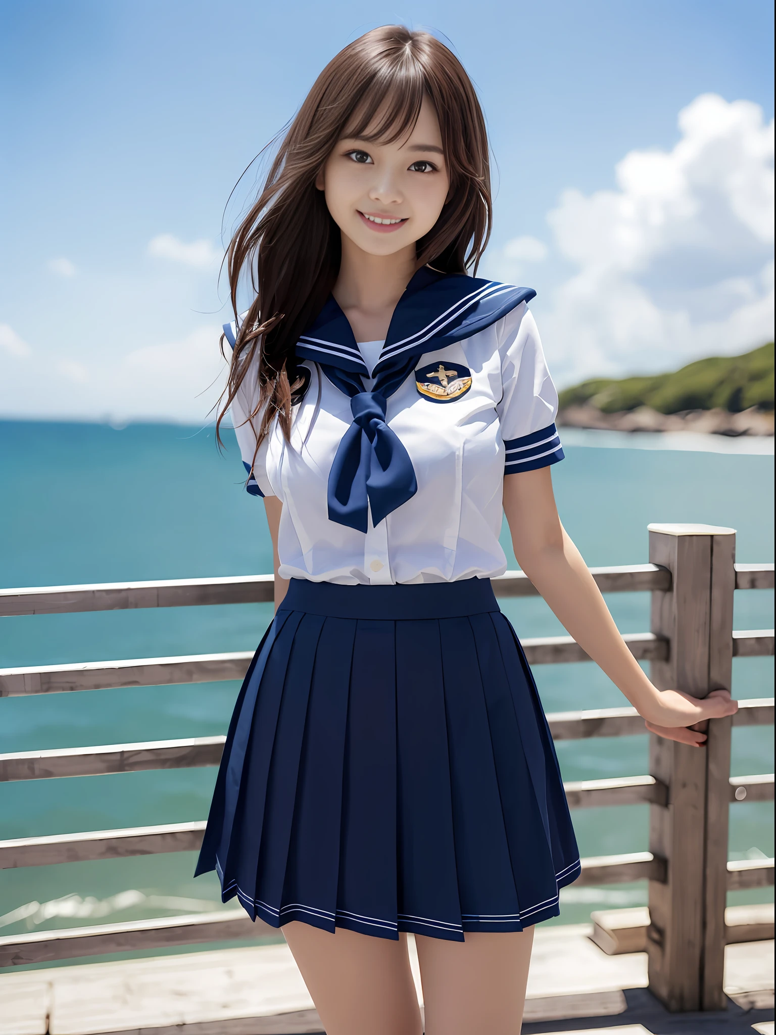 1 girl in、Beautiful bright colors、Instagram(Photorealsitic、hight resolution:1.4)、hi-school girl、18year old、Viewers staring、(in 8K、Raw photography、top-quality、masterpiece:1.2)、(realisitic、Photorealsitic):1.37)、(foco nítido:1.2)、profetional lighting、photon maping、(de pele branca:1.2)、Viewer's gaze、(Middle hair:1.2)、portlate、Black eyes、(A dark-haired:1.1)、Medium Hair、bangss、(Summer sky、blue sea、Background with:1.2)、独奏、 realisitic, (masterpiece:1.4), (top-quality: 1.4), (Glossy skin), A smile, (skinny, full of shyness: 1.3), (White Summer Sailor School Uniform:1.5), (Navy blue uniform skirt:1.5)、small tits, sexy pose, (hyper cute face: 1.8), Japanese ido, Nogizaka46, AKB48, (beauty legs),