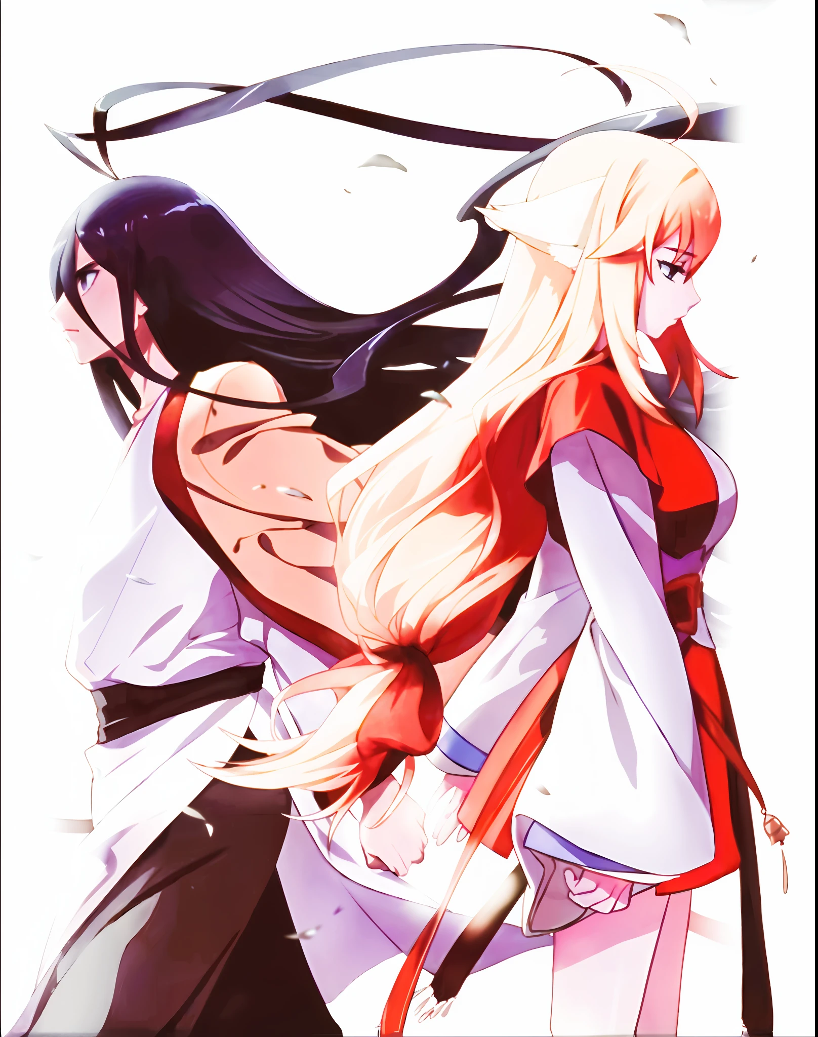Anime - Style picture of two women with long hair and white clothes, drak, anime style like fate/stay night, | | very very anime!!!, zerochan art, bakemonogatari, In anime style, :14 80s anime style, Epic anime style, An anime cover, white fox anime, shikishi, Anime a poster